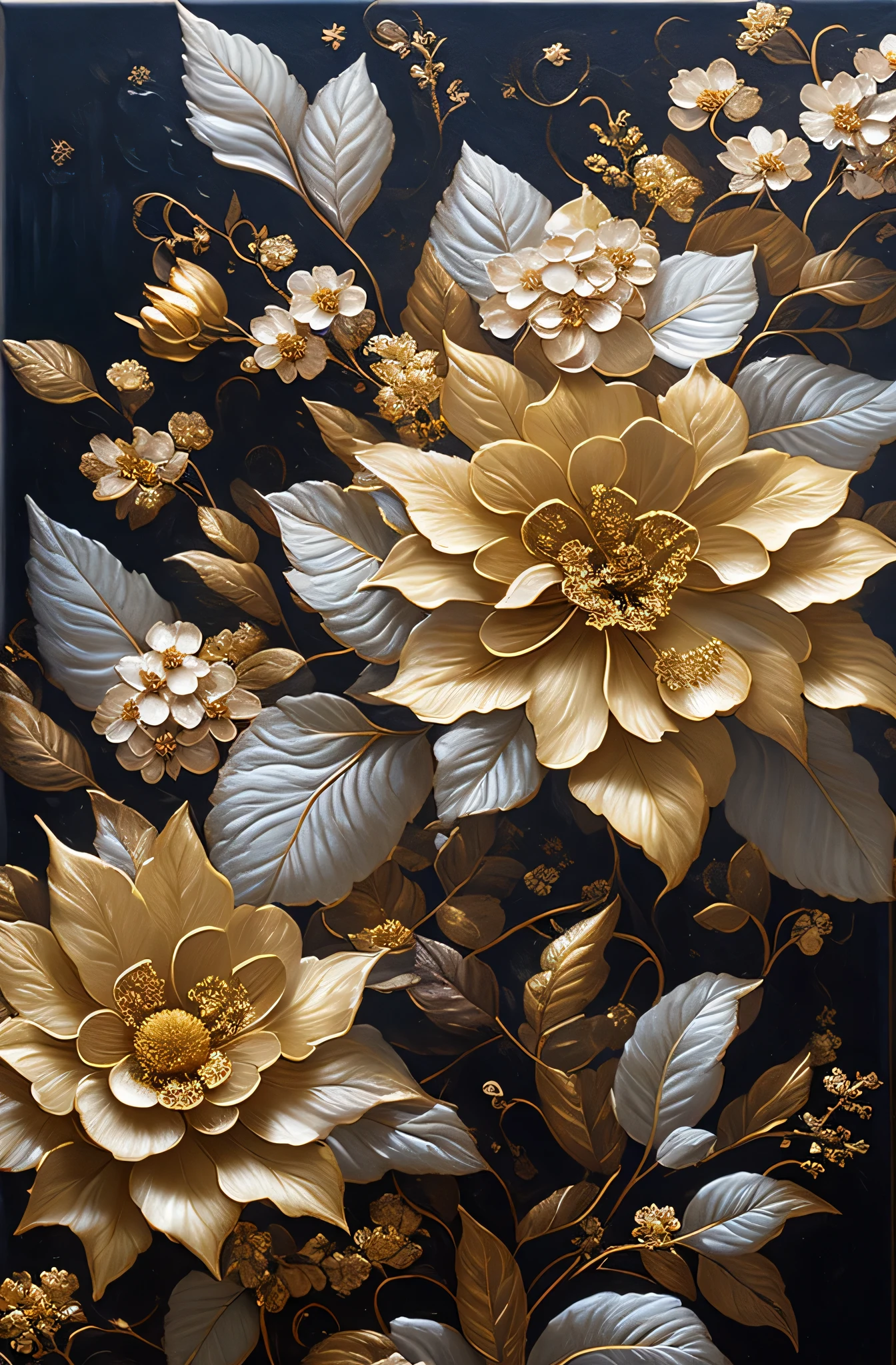There is an image of flowers with silver leaves.., Golden flowers, hydrangeas and morning glory, Flowers and gold, Gilded reliefs, detailed flowers, gorgeous flowers, golden scaled flowers, Intricate flowers, chaotic gold leaf flowers, Detailed 4K oil painting, Stunning and rich details, Gilded. Floral, Floral. Baroque elements, complex oil paintings