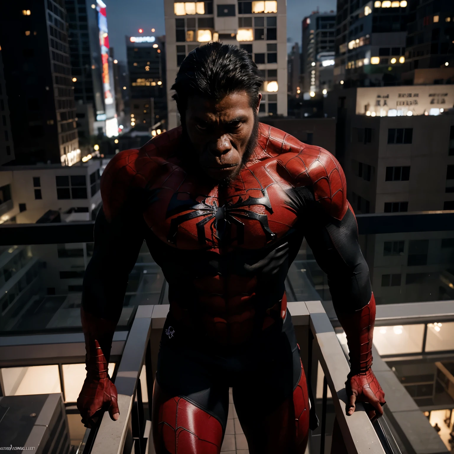 A gorilla using spiderman suit on rooftop. Angry face. No mask. Muscular. Full body image. Potrait.