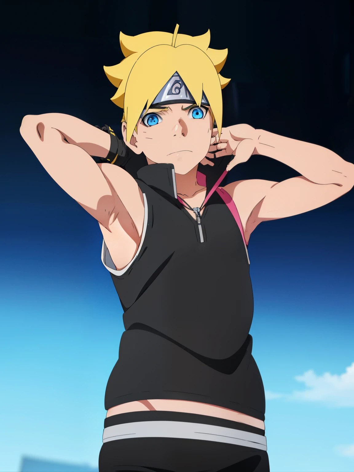 Masterpiece, ultra-detailed, Hight resulution, Boruto anime style, 1boy, male focus, Body only, Uzumaki Boruto, Sleeveless hoodie, Bare shoulder, yellow hair, Blue eyes, look at viewer, Slim body, (Armpit:1.3), Seen from the front, vibrant colors, Simple background, dinamic lighting, highly detailed , stylish, cool attitude, bokeh, blurry background,