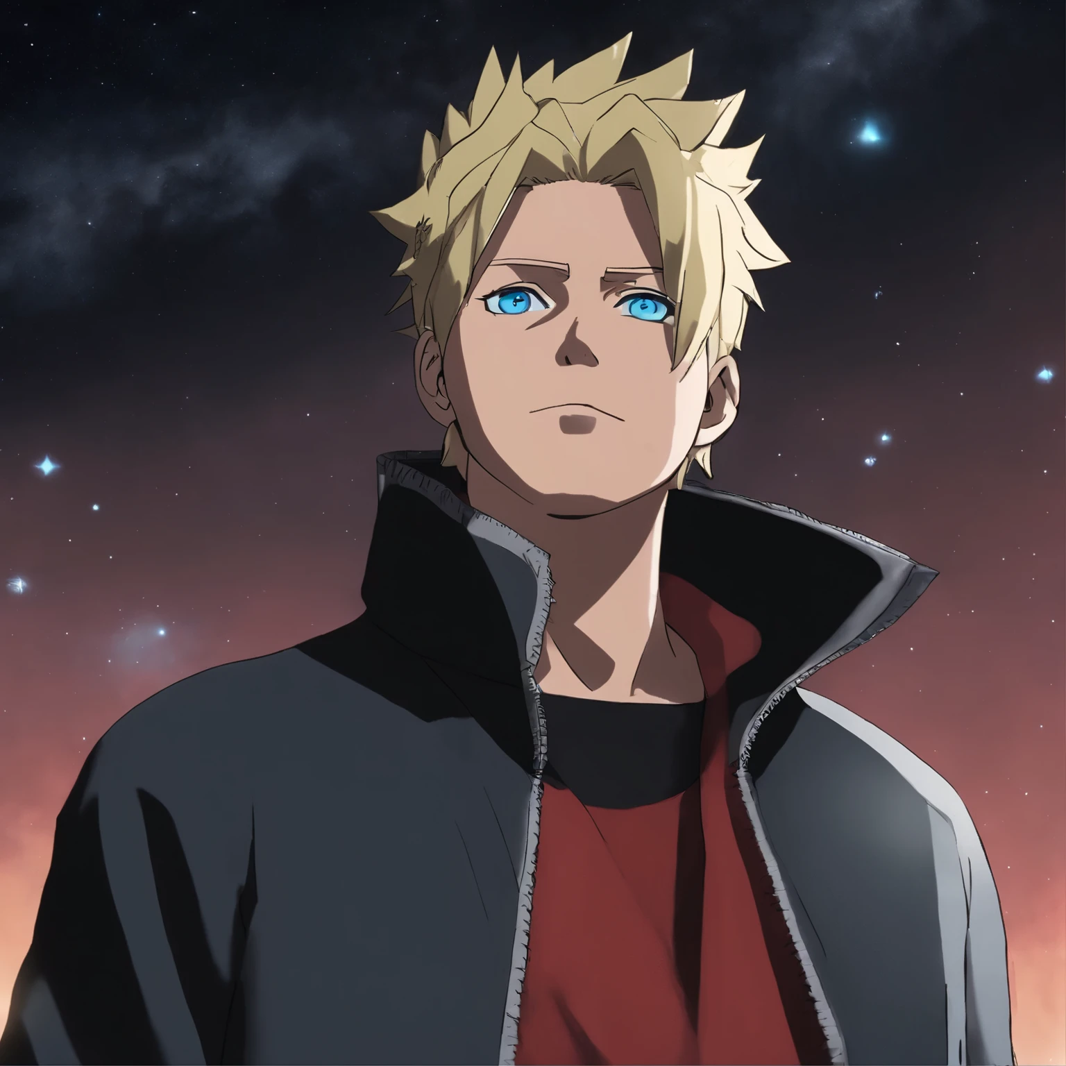 Boruto standing in base of galaxy, looking away to stars, detailed blue eyes and lips,a headband on forehead symbolises hidden leaf village,wearing unzipped red striped black over jacket,a relaxed dark grey pant at the button, a simple sneakers.