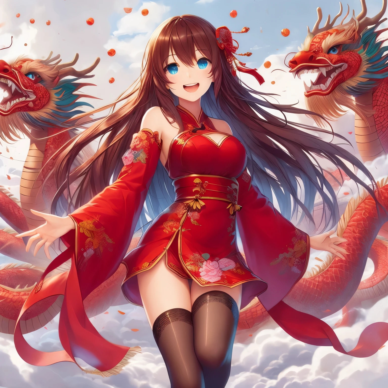 A woman in a red dress is flying in the air, anime style 4k, Cute anime waifu wearing beautiful clothes, Popular topics on cgstation, cheongsam, Beautiful charming anime woman, cheongsam, Chinese fantasy, guys, seductive anime girl, Chinese style, Chinese girl, anime art wallpaper 8k, wearing a red cheongsam, beautiful anime girl