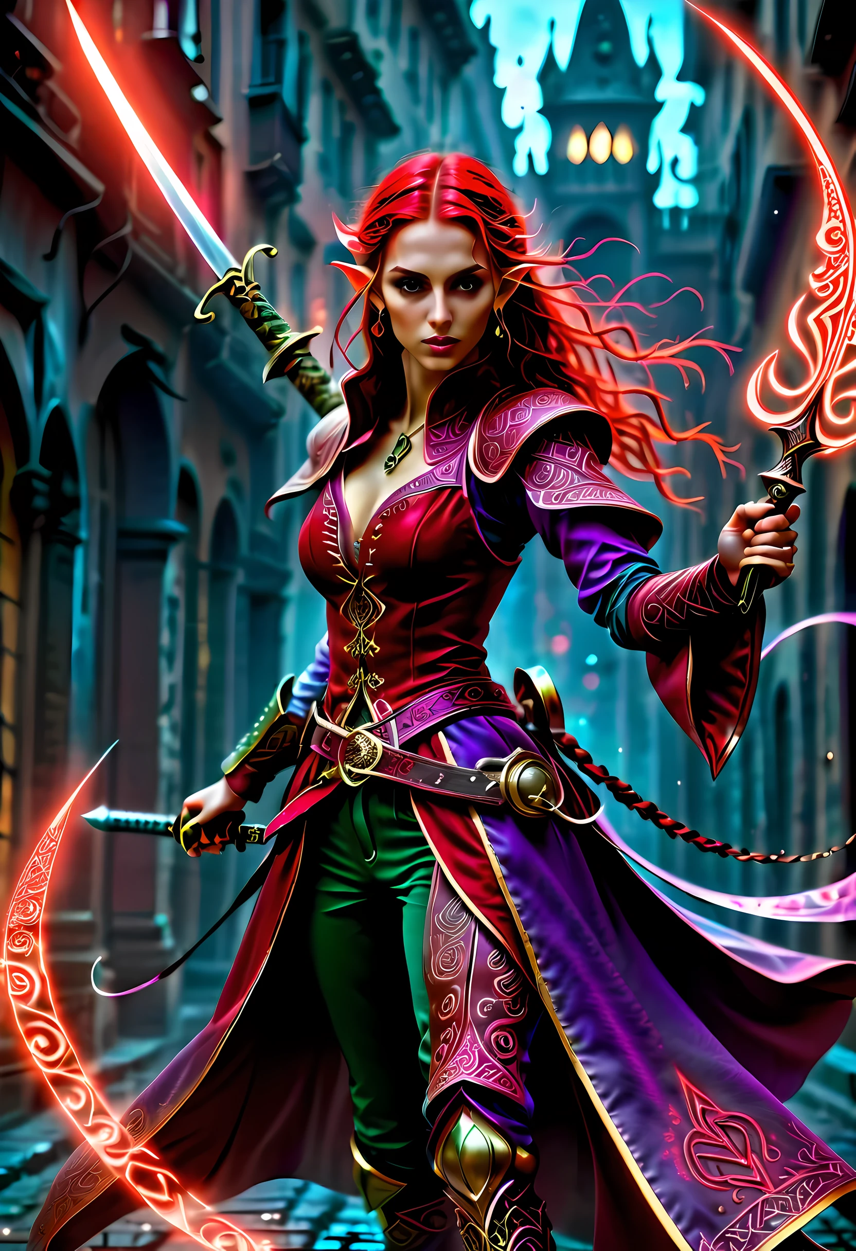 a picture of a female elf (intense details, Masterpiece, best quality: 1.5) fantasy swashbuckler, fantasy fencer, armed with a slim sword, shinning sword, metallic shine, colorful clothes, dynamic clothing, an ultra wide shot, full body (intense details, Masterpiece, best quality: 1.5)epic beautiful female elf (intense details, Masterpiece, best quality: 1.5), rich hair, braided hair, small pointed ears, GlowingRunesAI_red  [colorful magical sigils in the air],[ colorful arcane markings floating] (intricate details, Masterpiece, best quality: 1.6), holding a [sword] (intricate details, Masterpiece, best quality: 1.6) holding a [sword glowing in red light]fantasy urban street (intense details, Masterpiece, best quality: 1.5),  purple cloak, long cloak (intense details, Masterpiece, best quality: 1.5), sense of daring, sense of adventure,  high details, best quality, 8k, [ultra detailed], masterpiece, best quality, (extremely detailed), dynamic angle, ultra wide shot, photorealistic, RAW, fantasy art, dnd art,fantasy art, realistic art,