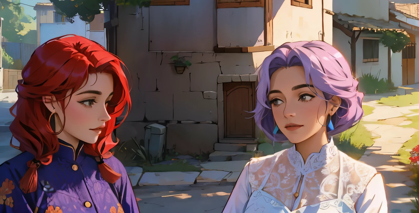 dos mujeres con cabello morado y rojo paradas frente a una casa,