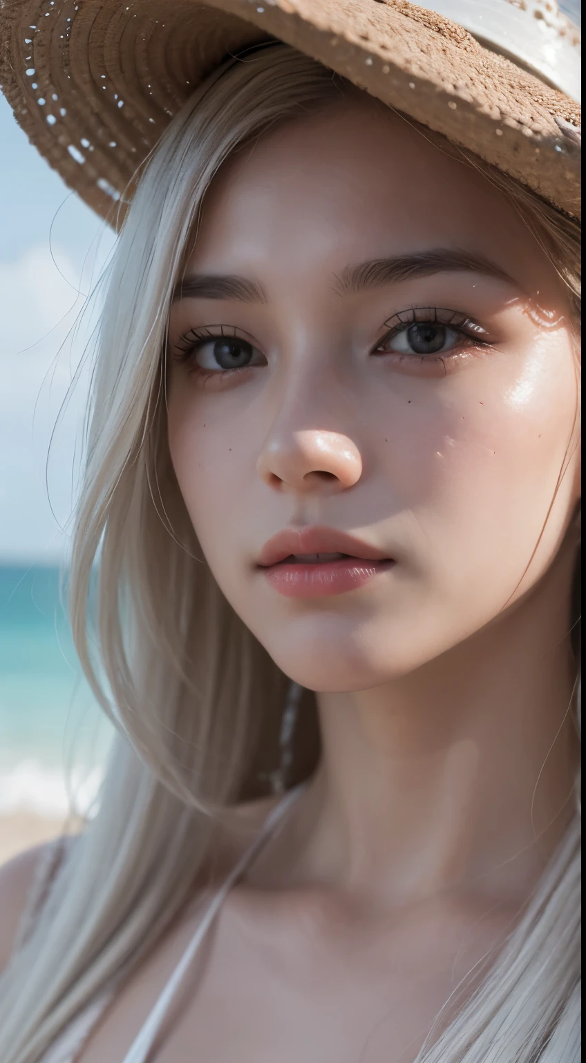 (Raw photos taken with a single-lens camera:1), (best quality), (lifelike), (8K high resolution:1), (Delicate skin and skin pores and goosebumps:1.2), (hd facial:1), (Detailed face), soft light, exposure blending, medium shot, (intricate details), A pair of likers, long white hair, breezy beach, like, shame,