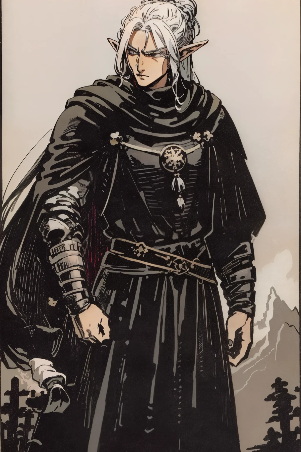 tarot card, half-elf man, tall, muscular, long white hair tied in a bun, wearing ((black)) armor