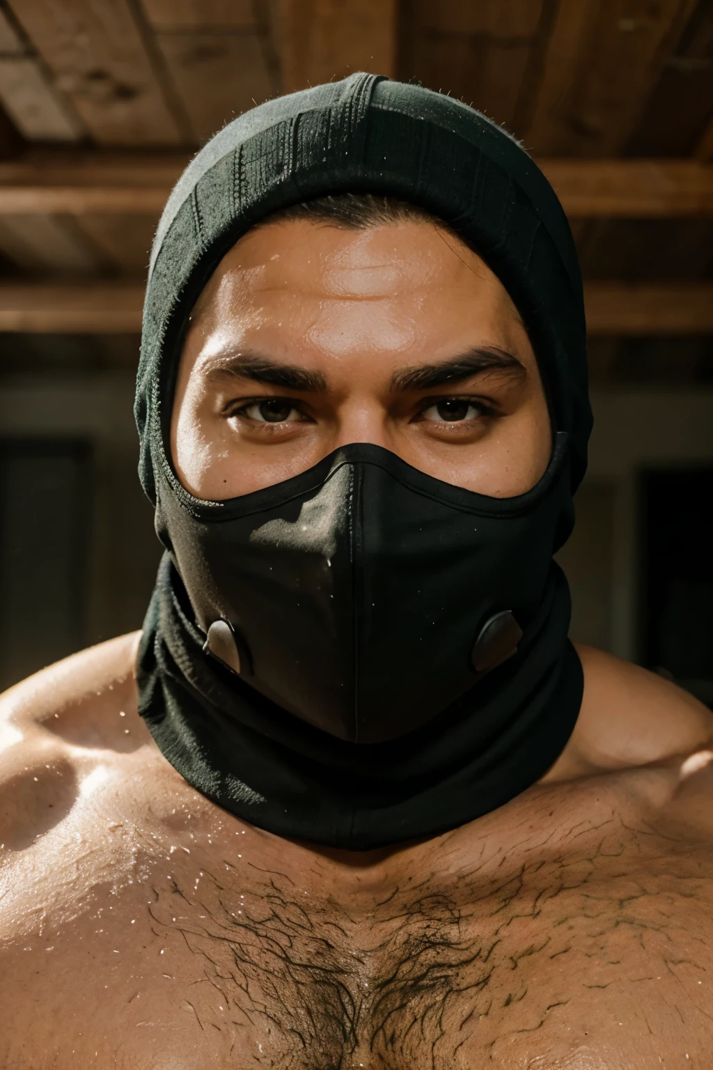 A big muscular man with skull balaclava oiled up