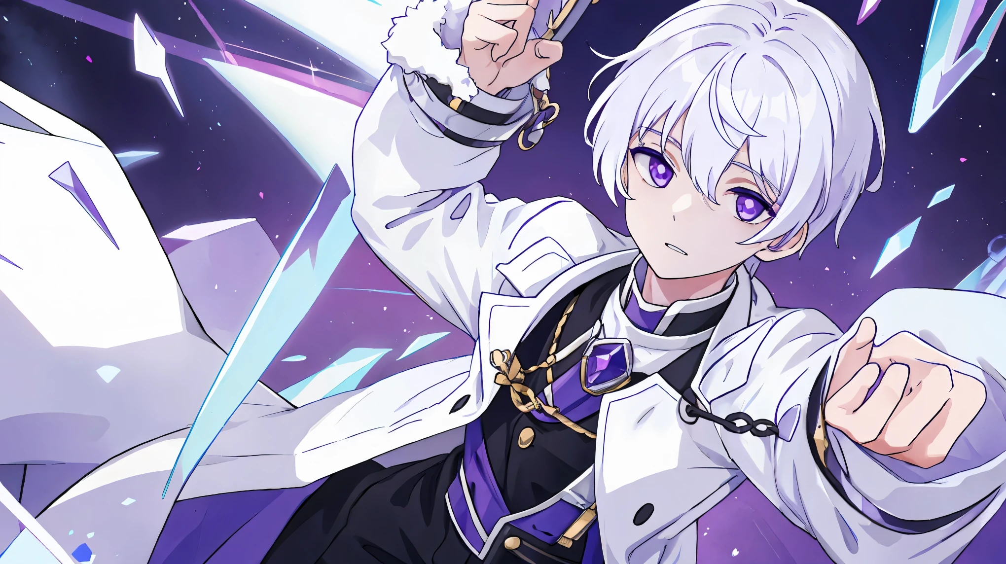 1 man, white hair, purple eyes, white skin,