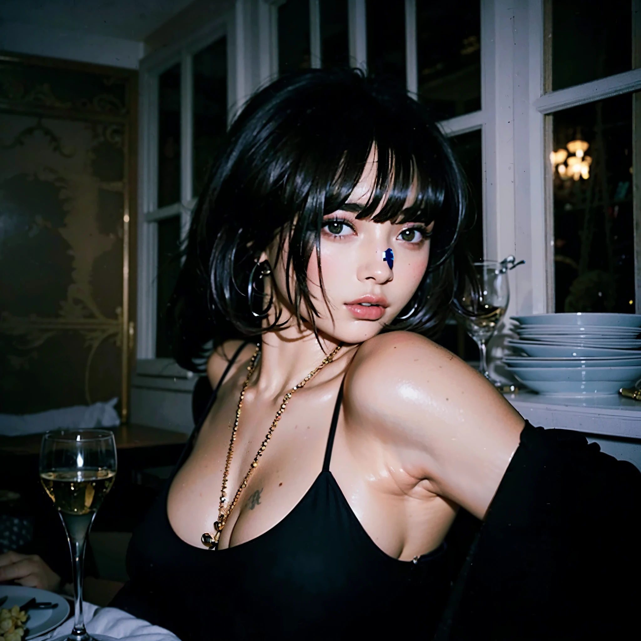 hay una mujer sentada en una mesa con una copa de vino, she has black hair con flequillo, charli xcx, kiko mizuhara, con flequillo, charli bowater, Dua Lipa, flequillo negro, con flequillo completo, young arab monica bellucci, bob francés, sonrisa sensual, bob francés hair, with short hair con flequillo