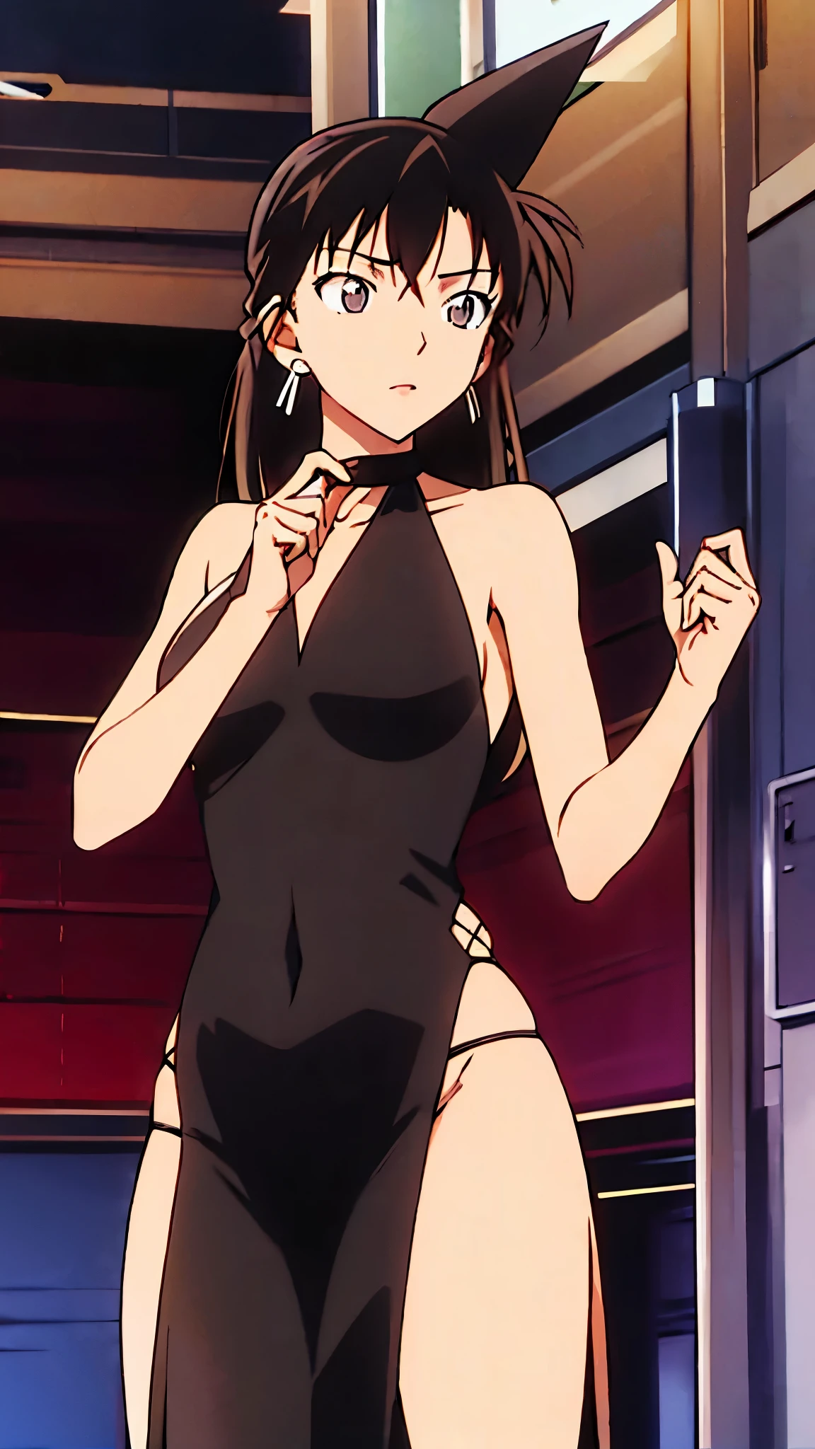 Maorilan,Wearing black low-cut,halter neck dress
