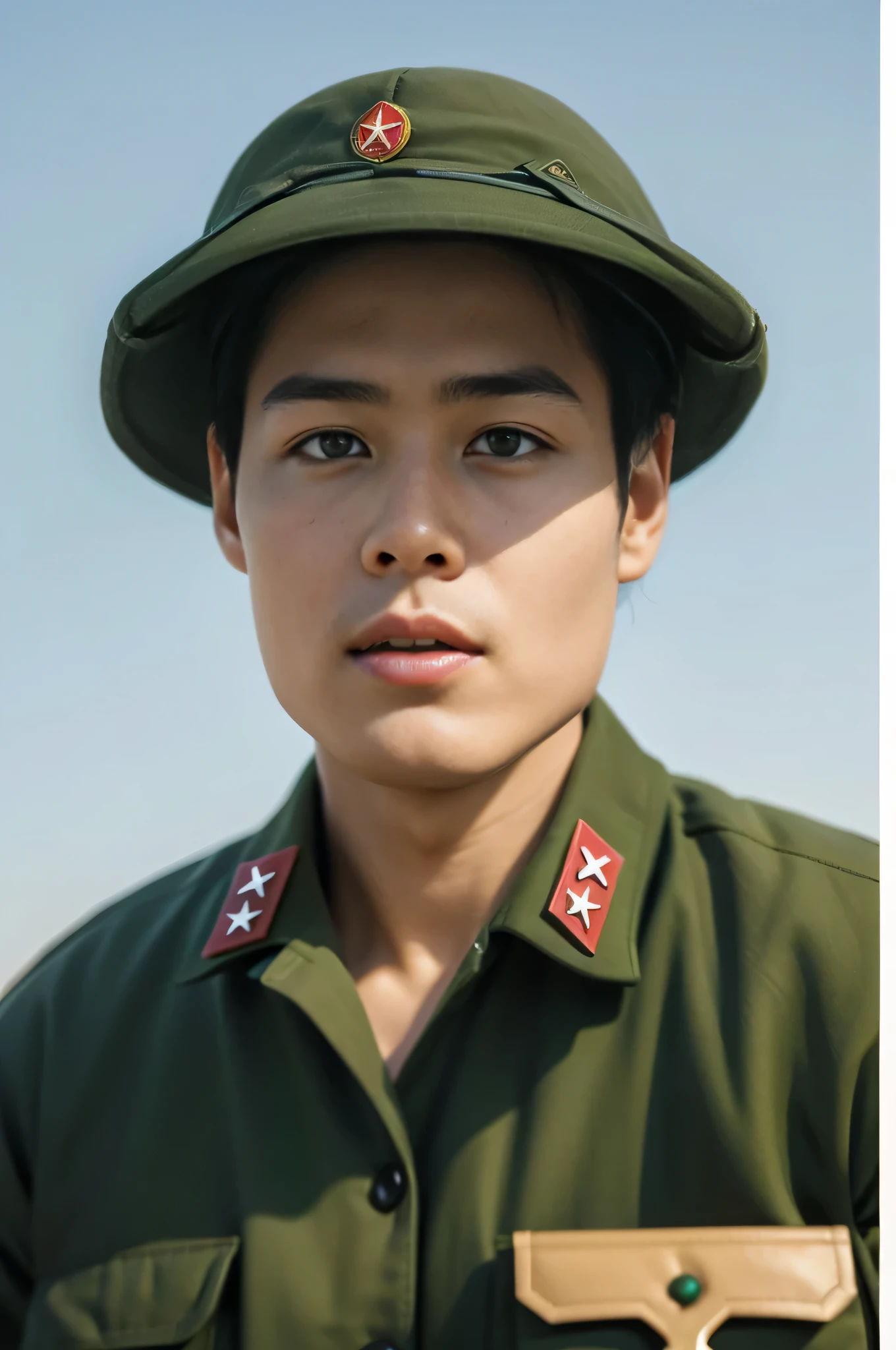 Highly realistic photo, ((masterpiece), (best quality), (raw photo), (photorealistic:1.4), PPortrait of Vietnamese soldiers in 1975, 20 years olds, wearing green uniforms and MuCoi, ((light blue background)), photo taken by Sony A7IV