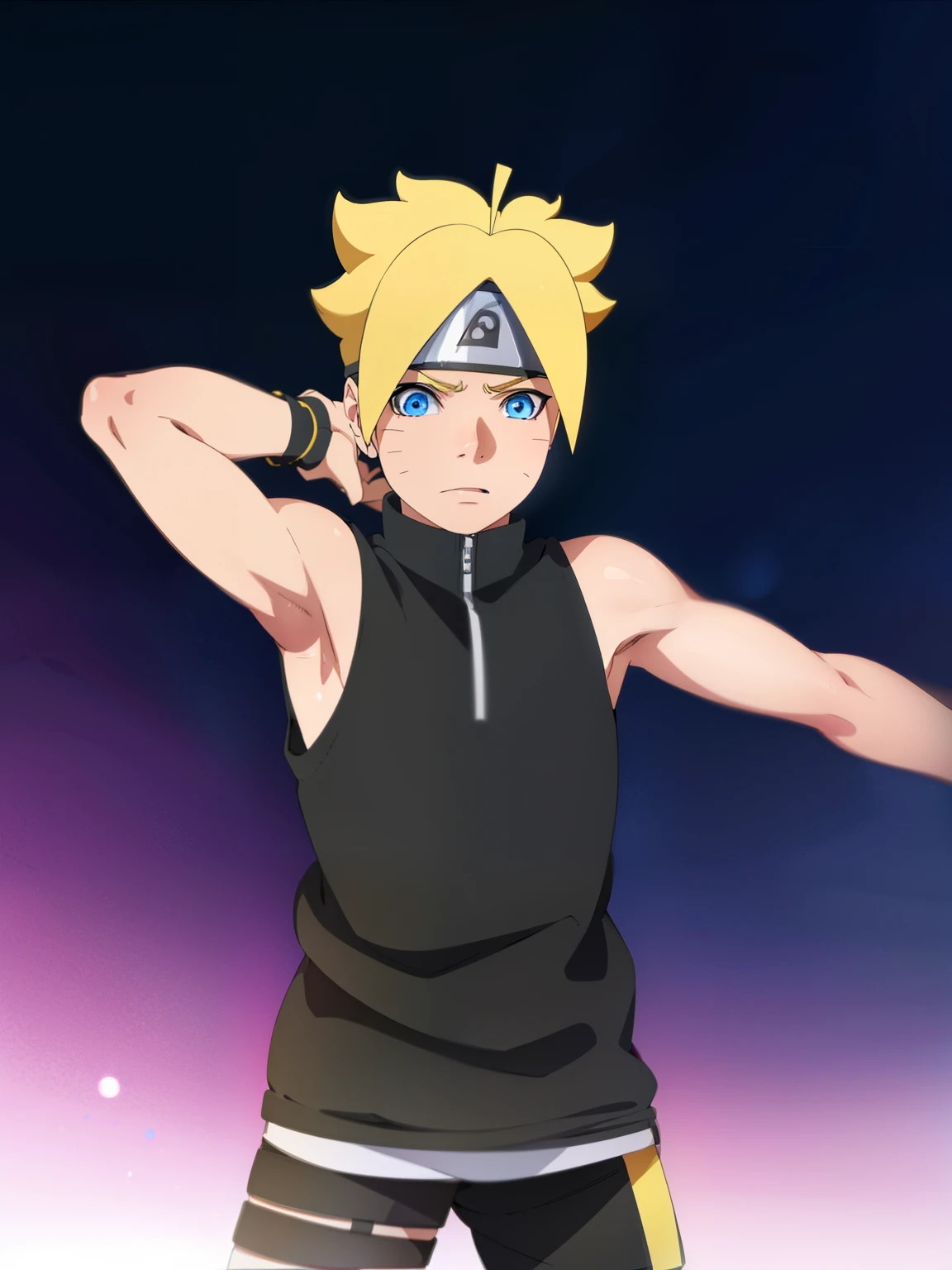 Masterpiece, ultra-detailed, Hight resulution, Boruto anime style, 1boy, male focus, Upper body, Uzumaki Boruto, Sleeveless hoodie, Bare shoulder, yellow hair, Blue eyes, look at viewer, Slim body, (Armpit:1.3), Seen from the front, vibrant colors, Simple background, dinamic lighting, highly detailed , stylish, cool attitude, bokeh, blurry background,