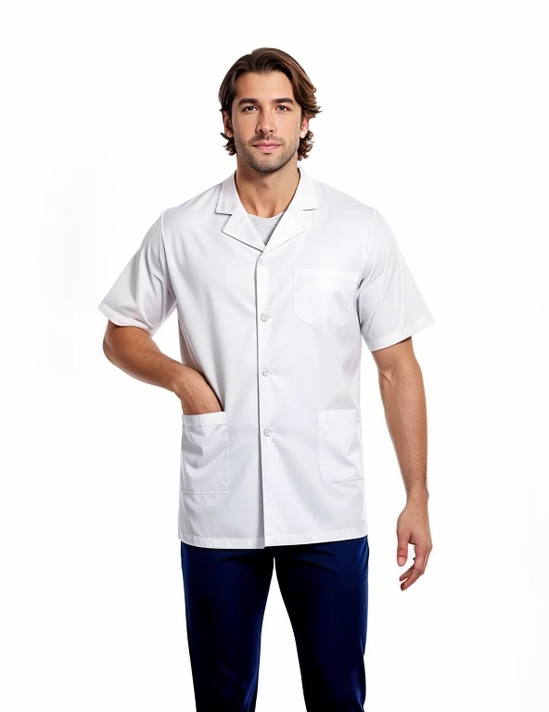 handsome man in a white lab coat standing with his hands in his pockets, lab coat, lab coat, lab coat, wearing a lab coat, roupas de trabalho, lab coats, uniforme branco, white lab coat, wearing a white lab coat, wearing lab coat, Roupas de trabalho, avental de cintura branca e camiseta, wearing a lab coat
