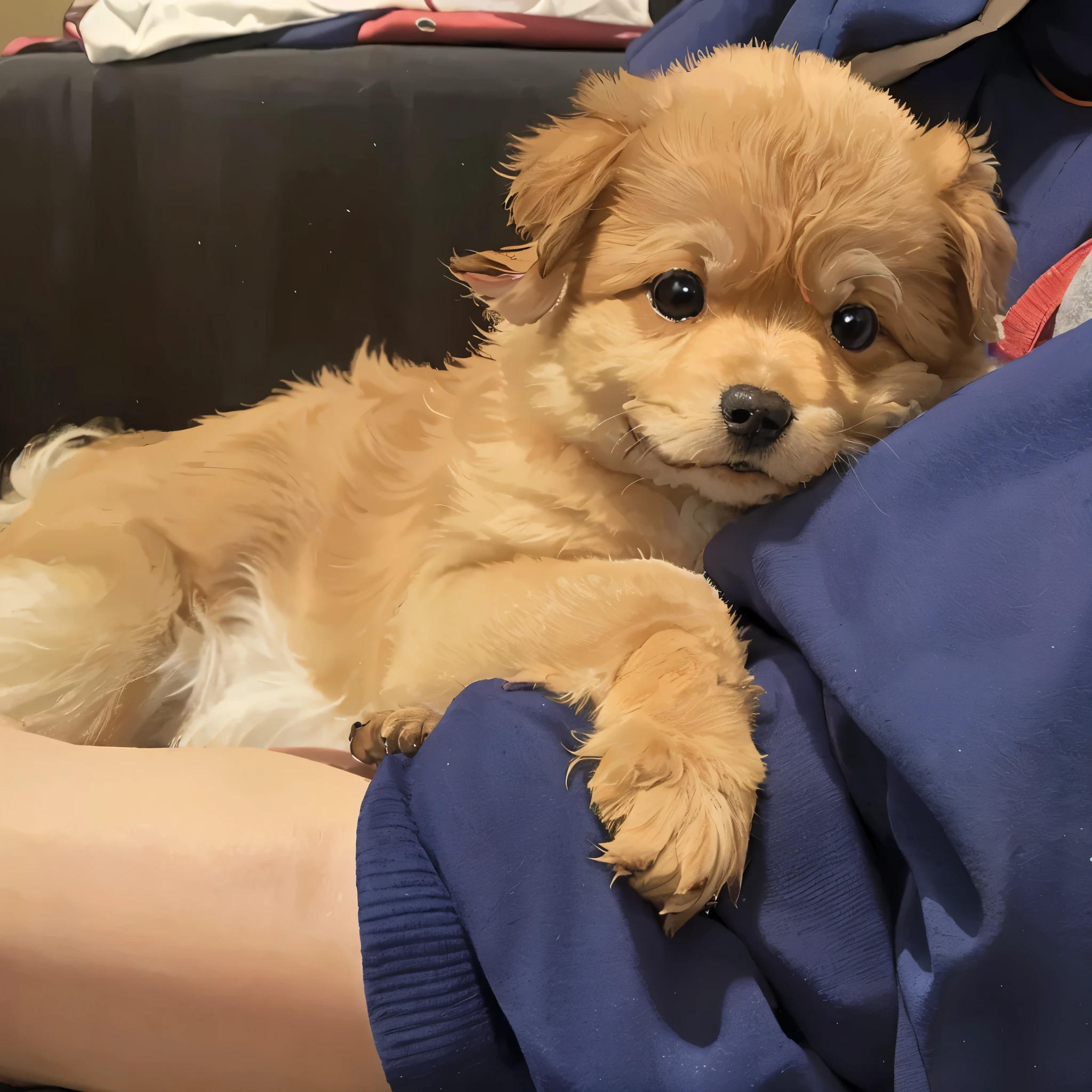anime、An illustration、There is a small dog lying on a person's lap, toy poodle, orange fluffy belly, just a cute little thing, So cute and cuddly, she has a cute face, hold it out to the camera, cute dog, puppy, very cute, look defiantly at the camera, she has a cute expressive face, hold feet, he is very relaxed