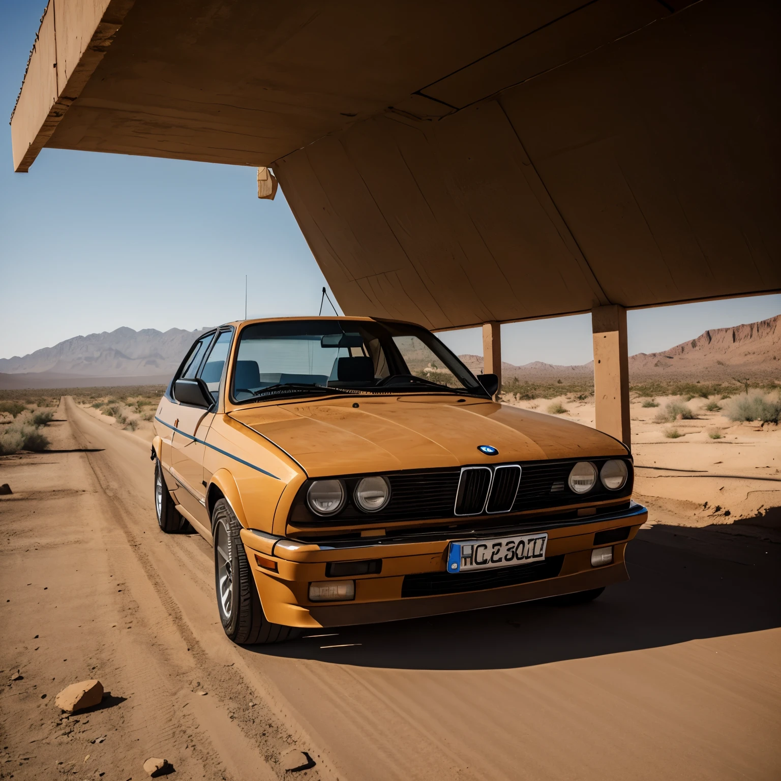 Old rusty bmw e30 lest in the dessert. A lot of garbage around it. Fog around the place.
