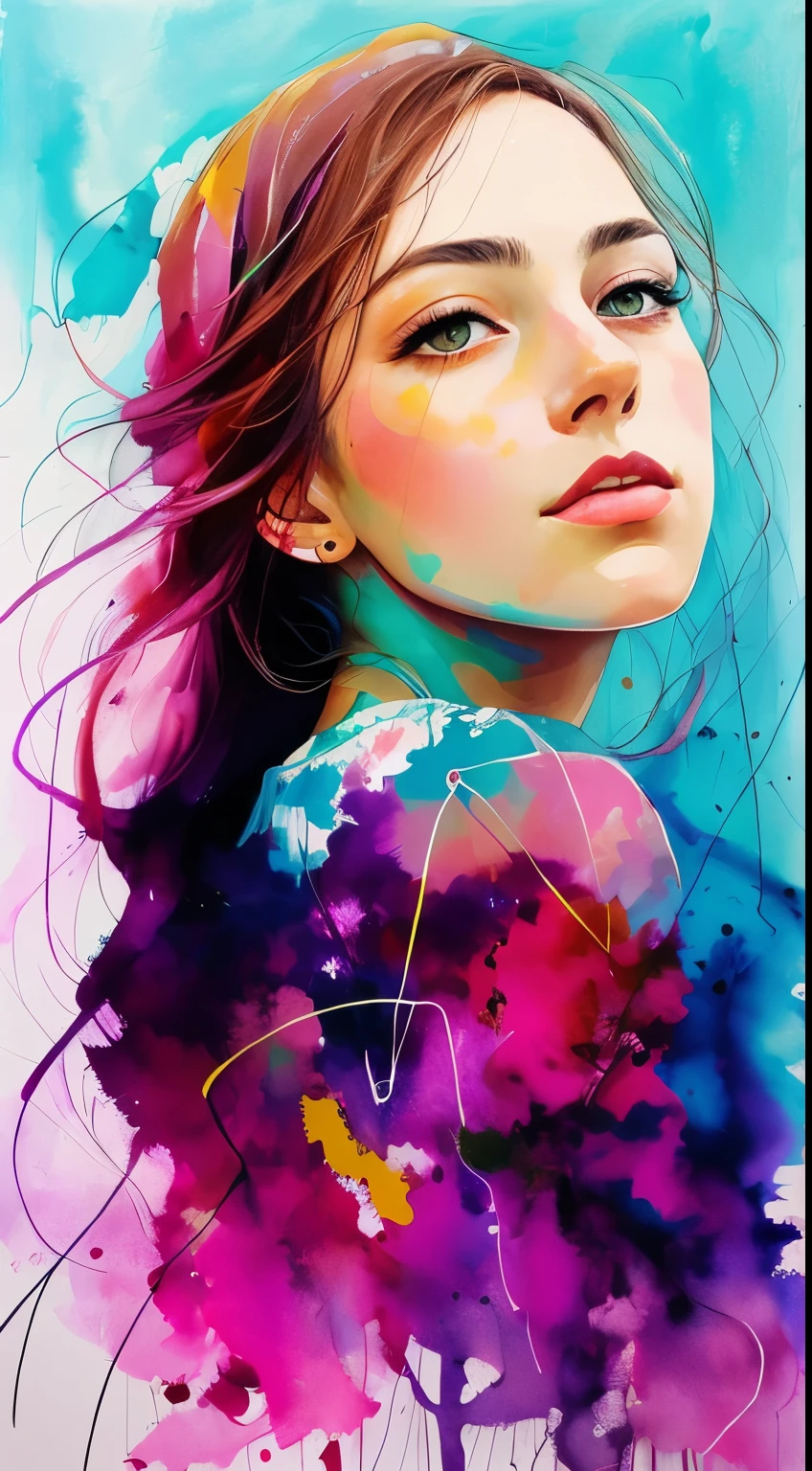 A painting by MSE A Woman by Agnes Cecile, luminous design, pastel colors, ink drops, pretty, summer light
