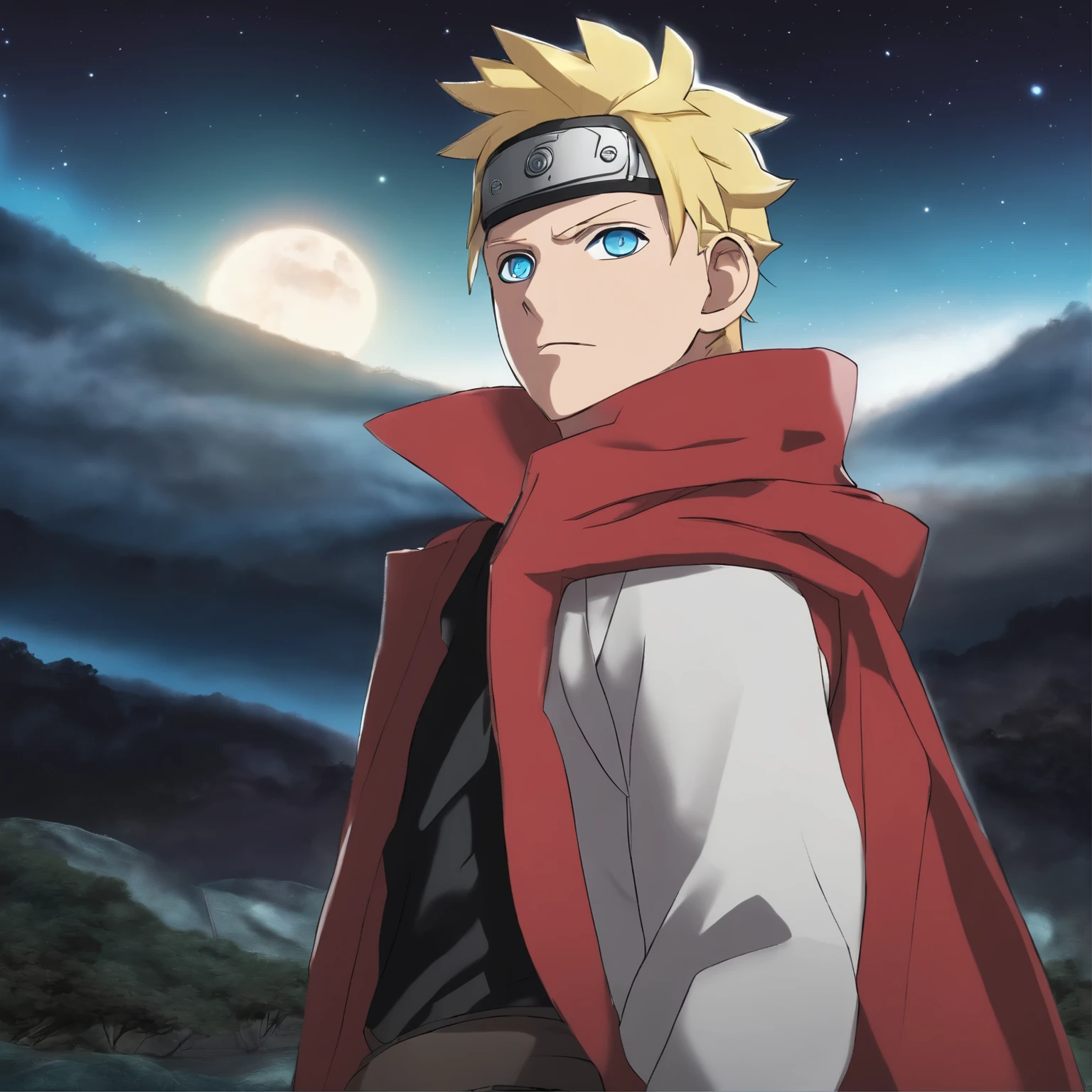 Boruto standing in base of galaxy, looking away to stars, detailed blue eyes and lips,one of the eye has a cut mark can't be open, short spikey blonde hair,a headband on forehead symbolises hidden leaf village, wearing a locket of bolt,wearing unzipped red striped black over jacket,a relaxed dark grey pant at the button, a simple sneakers.