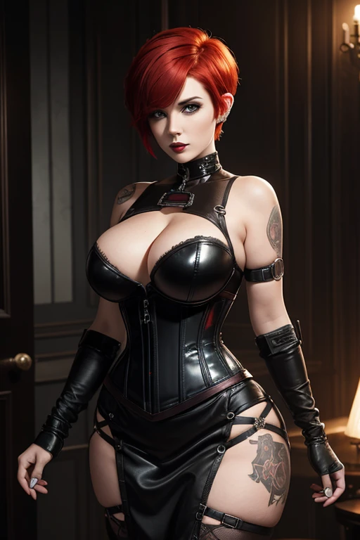 A curvy redheaded Goth girl with a short haired Pixie cut and cybernetic implants wearing a corset dress.