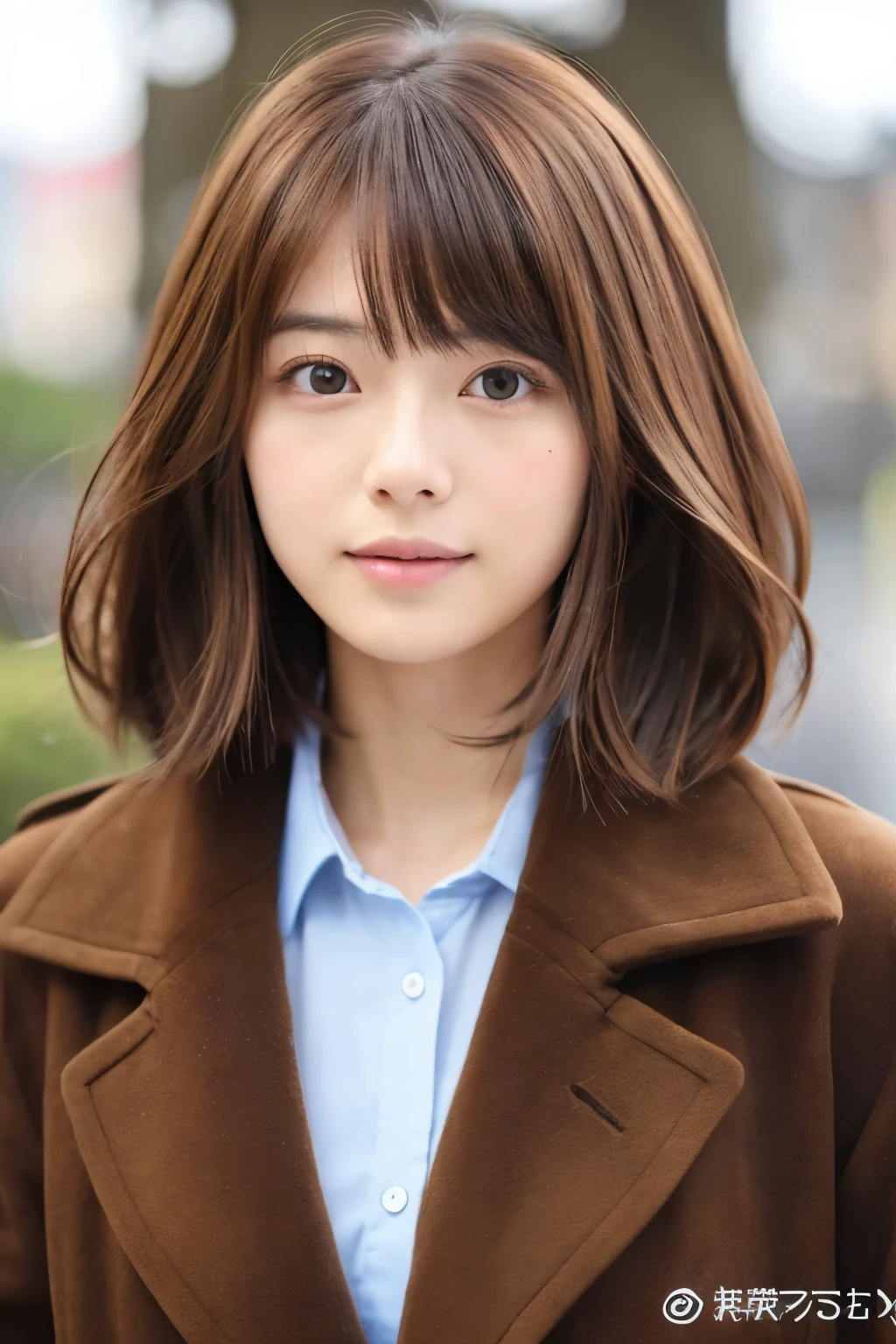 japanese girl,narrow eyes,short hair,20-year-old、company、brown hair、Coat、front