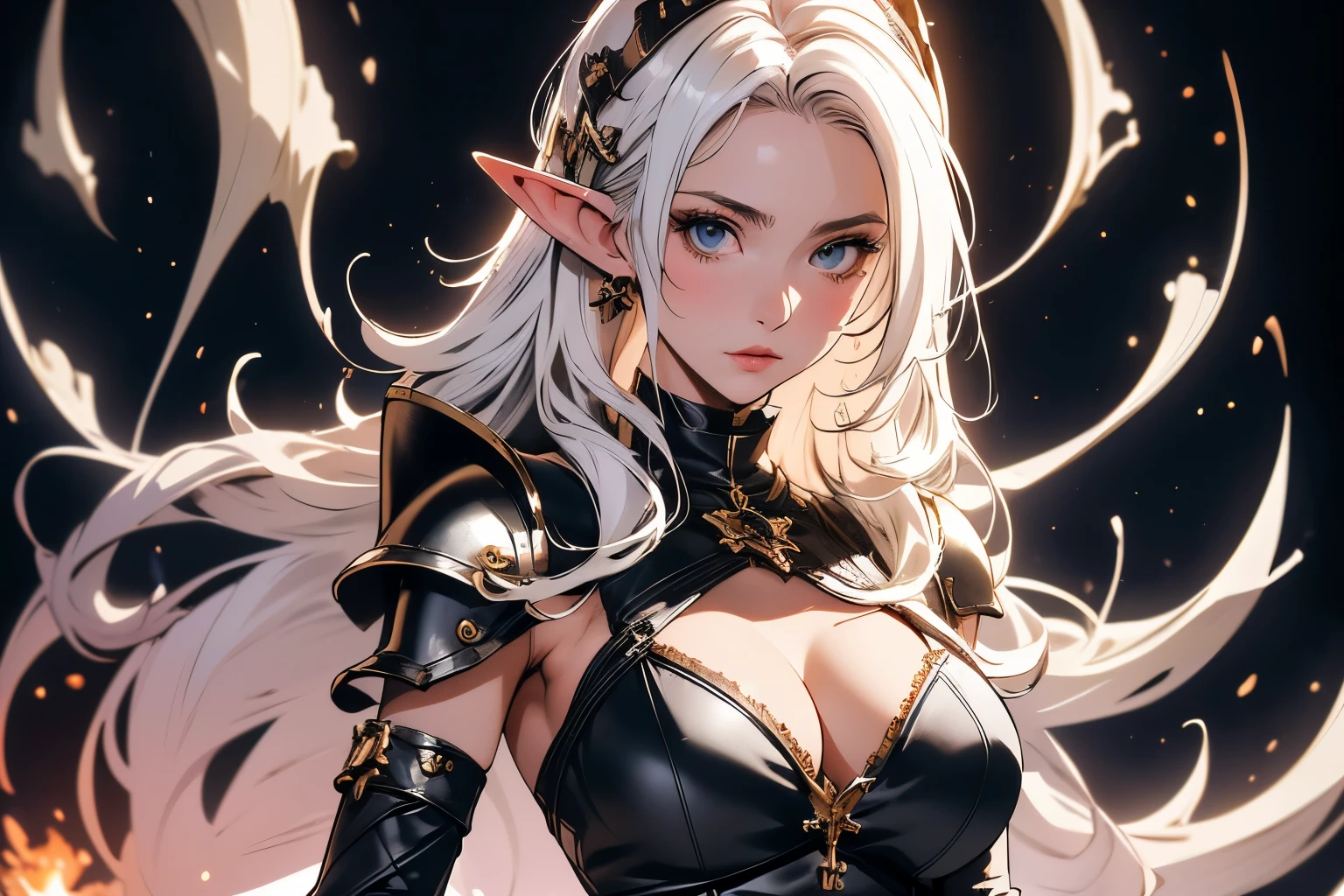 (best quality, 8k, 32k, masterpiece, UHD:1.2), highres, sharp focus, detailed outfit, absurdres, key visual,++++, beautiful detailed hair, delicate details, *****, (((, RAW, pixiv)))
beautiful woman, 1girl, pointy ears, breasts, long hair, solo, elf, gloves, portrait, cowboy shot, standing, cleavage, armor, white hair, elbow gloves, black gloves, looking at viewer, boots, circlet, medium breasts, very long hair, wariza, cleavage cutout, clothing cutout, soft lighting, ((realistic anime))