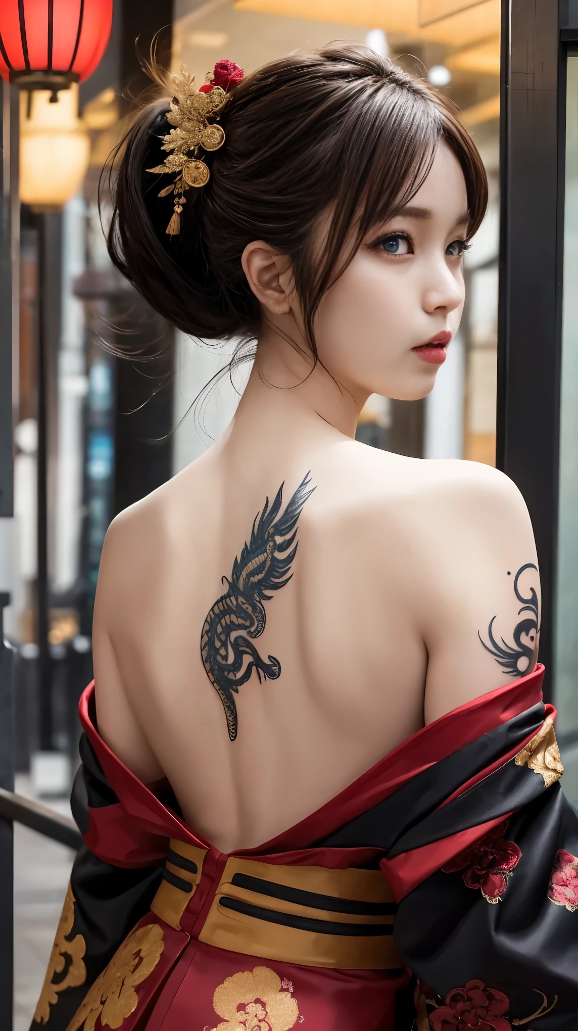 top quality, official art, beautiful and aesthetic:1.2), 1girl, tattoo, solo, japanese clothes, sexy intricate red and black kimono, hair ornament, unsheathing, black hair, sheath, back tattoo, dragon tattoo, blue eyes, off shoulder, bare shoulders, looking back, flower, looking at viewer, holding, makeup, outdoor, big breasts and hourglass figure, naughty face, from behind, masterpiece, best quality, 16k, super detail