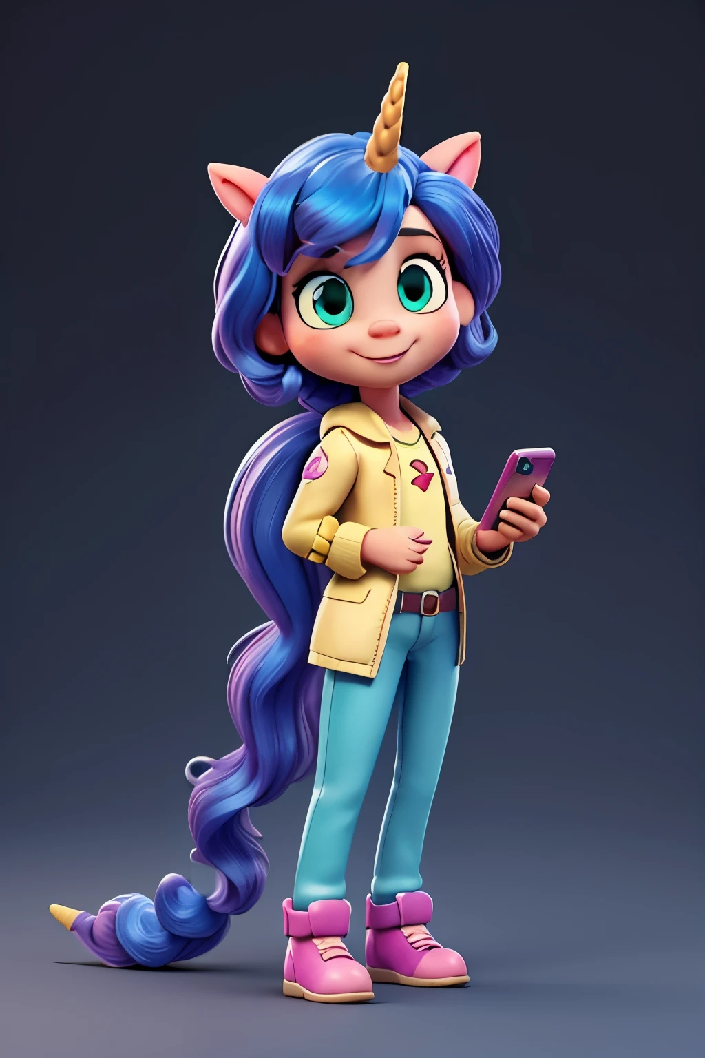 cartoon unicorn with blue hair and a black horn, (((Using the cellphone))) unicorn, white unicorn, unicorn from the tusk movie, blue unicorn, a unicorn, 3 d cavalo pet shop, unicorns, unicorn horn, bonitinho digital art, bonitinho 3 d render, bonitinho cartoon character, Chibi, bonitinho character, personagem toonix, anthropomorphic mare, my little Pony, bonitinho (((movimento)))