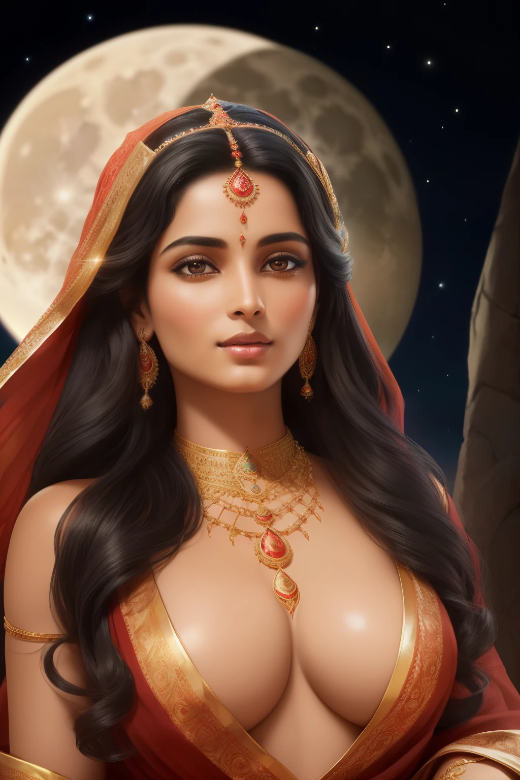 Photo of the divine goddess Maa Kaalaratri, embodiment of the dark night with her bountiful, wavy black hair, ((Portrait)), ((Detailed face:1.2)), ((detailed facial features)), ((finely detailed skin)), (tan, luminescent), ((wrapped in a shawl with a sacred thread and adorned with jewelry, including a moon-shaped necklace), Sitting majestically on her mount, a donkey, ((Enchanting aura surrounding her, radiant with heavenly form)), ((cold color scheme, hints of orange and red, reflecting her fiery nature)), Reflectorasutepiece) (per