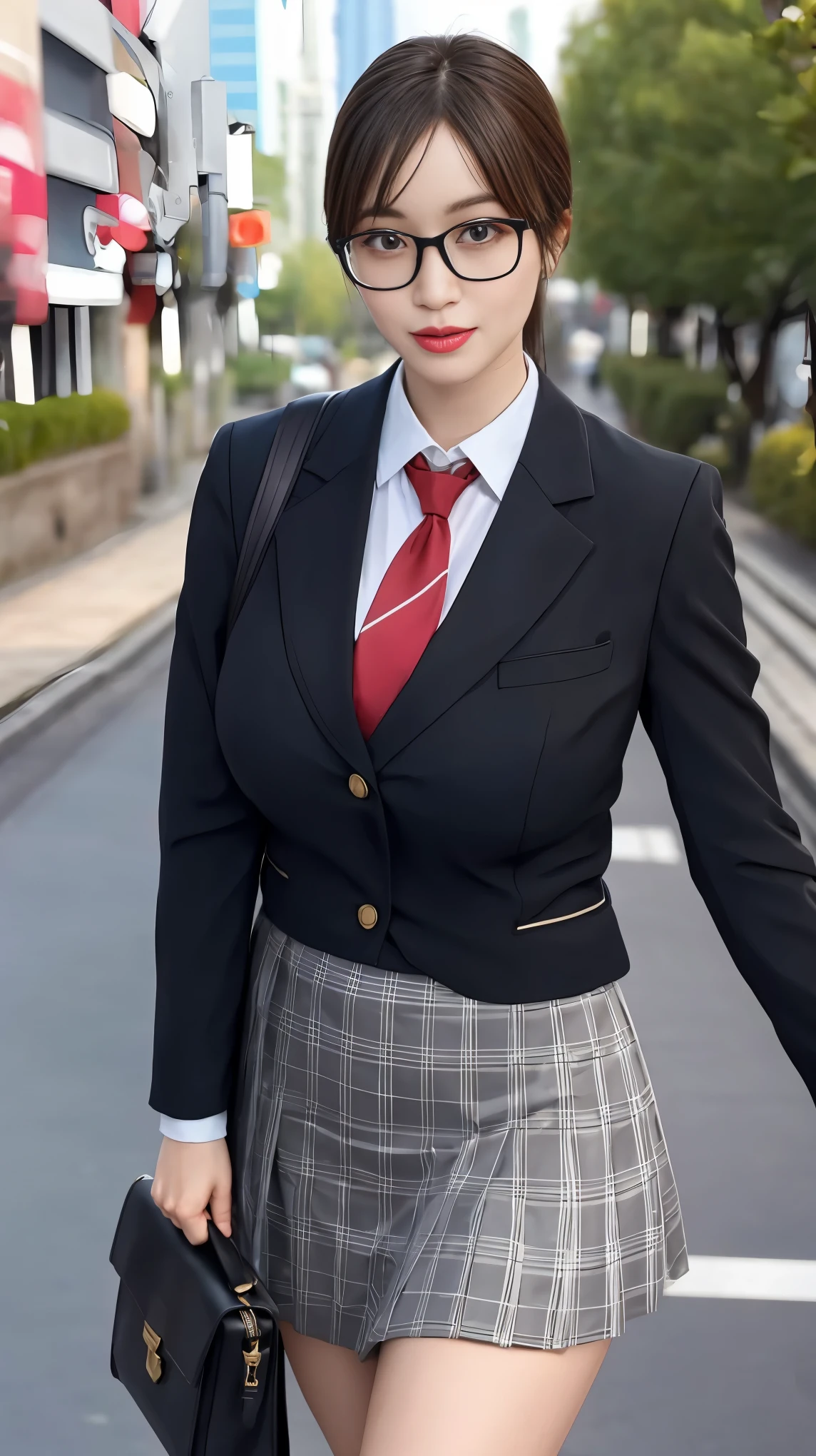 ultra-detailed, (paisura:1.4), 1girl, glasses, big breasts, necktie, sexy short skirt, bag, sexy, black hair, outdoors, road, between breasts, street, school bag, ground vehicle, danchi, japan, slender body, hime cut, illustration, first-person view, pov, masterpiece, best quality, super detail, 16k