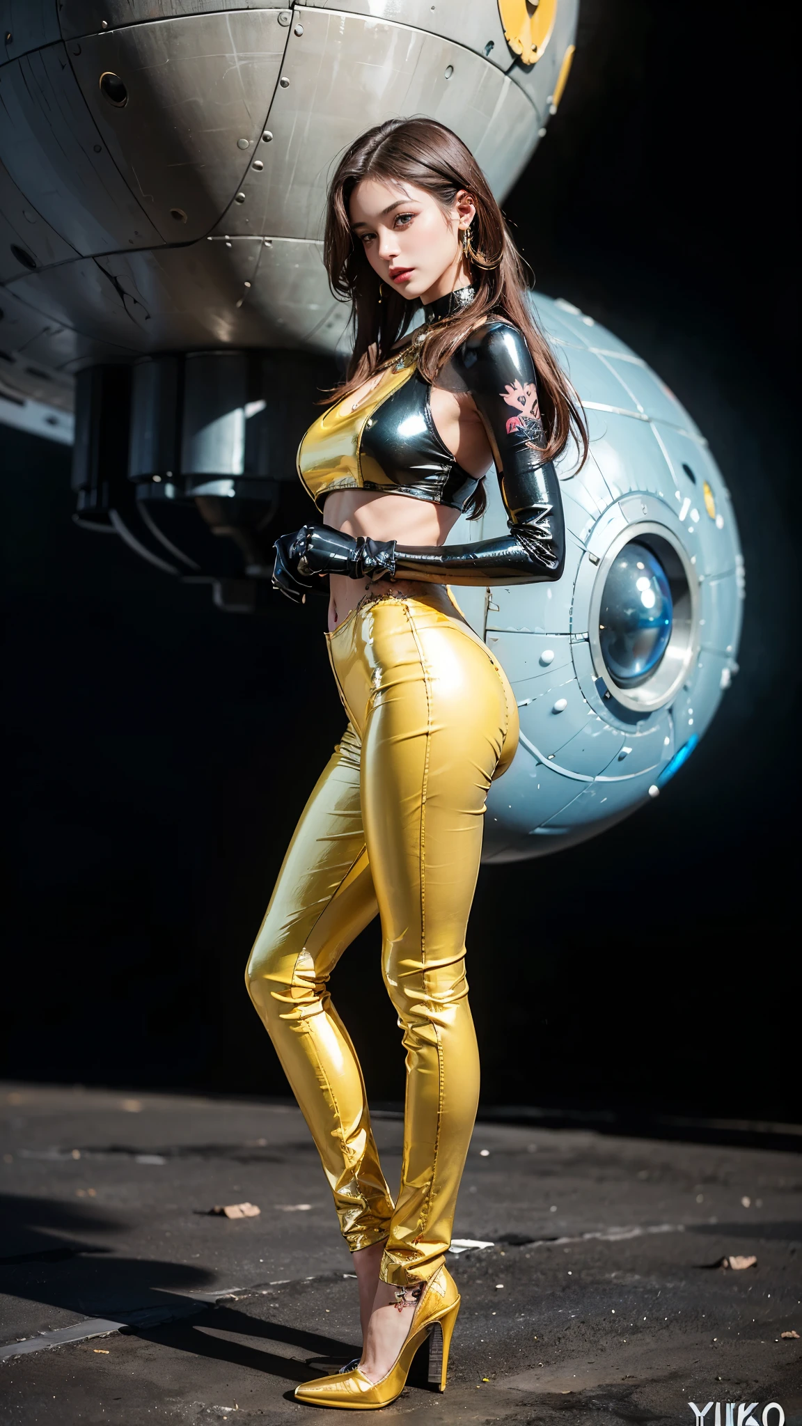 ((masterpiece:1.4)、(highest quality:1.4)、(realistic:1.7))、master piece:1.4、(Finest rendering:1.4)、(Yuki, the beautiful navigator of Space Battleship Hikari:1.4)、Super beautiful航海士Yuki、(Written by Luis Royo:1.4)、(Uniforms that highlight your beautiful style:1.2)、(Futuristic sci-fi battle fashion:1.2)、(street style wear)、(tight fit pants)、(Luxurious shiny latex:1.4)、(luxury yellow latex:1.4)、19 years old、(cute tattoo:1.4)、(wearing yellow gloves)、cute girl、Super beautiful、(seductive pose)、sharp focus、portrait photography:1.4、8k、realistic photo images:1.4、(perfect female body:1.4)、perfect proportions、(standing:1.4)、(full body photography:1.4)、beautiful face、fearless look、beautiful eyes、(A girl with a beautiful body that emphasizes her slender abdominal muscles)、narrow waist、(9 life size beautiful style girl)、(Beautiful girl with long legs and good style:1.4)、beautiful feet、(long hair:1.2)、dark makeup、eye shadow、Glow eye、glow lip、beautiful breasts、big breasts:1.2、sexy butt、(standing facing forward:1.4)、Raw photo、red lips、yellow high heels:1.4、choker:1.4、necklace:1.4、earrings:1.4、1 screen display、Space Battleship Hikari's bridge:1.2