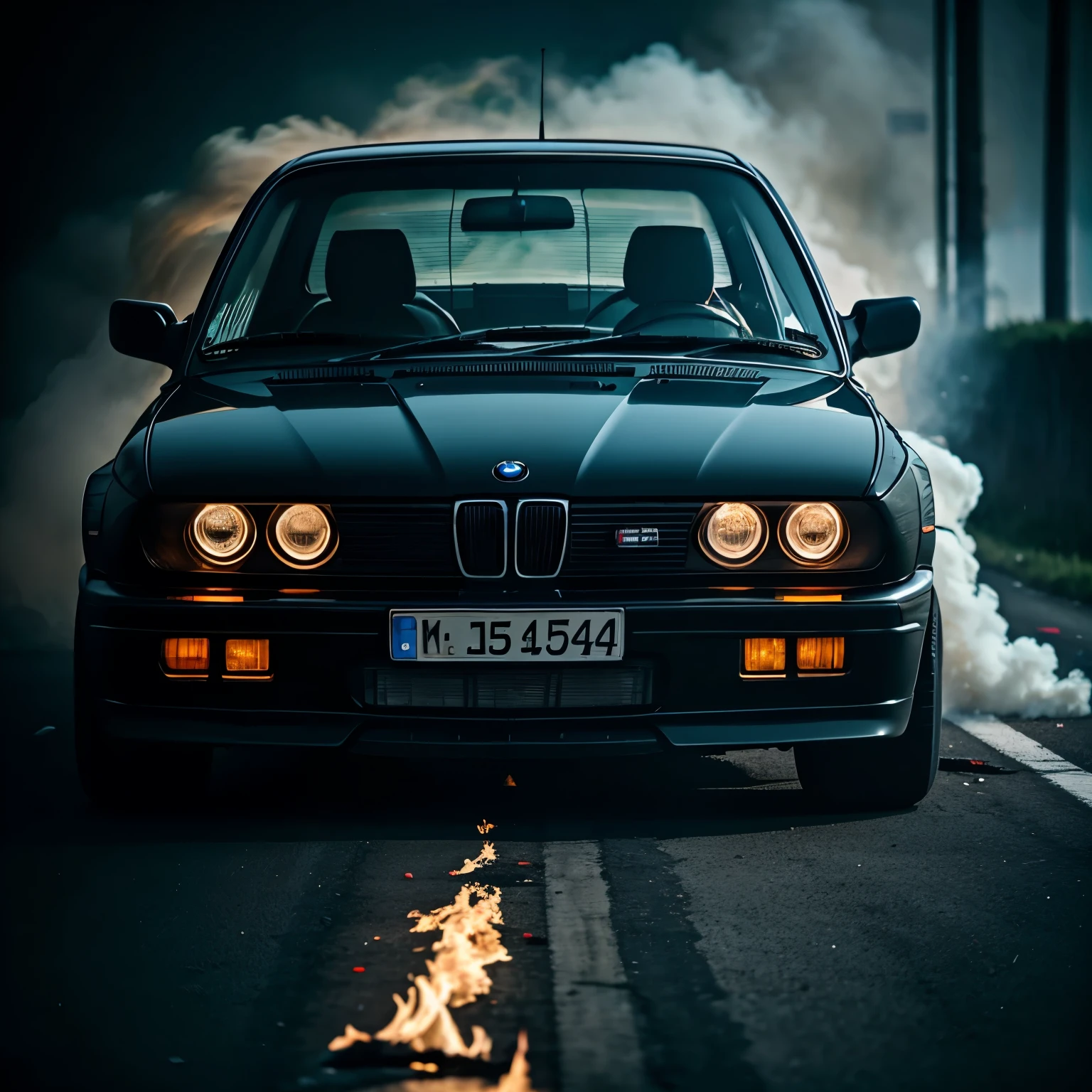 Broken BMW e30 set on fire, a lot of smoke, dark atmosphere