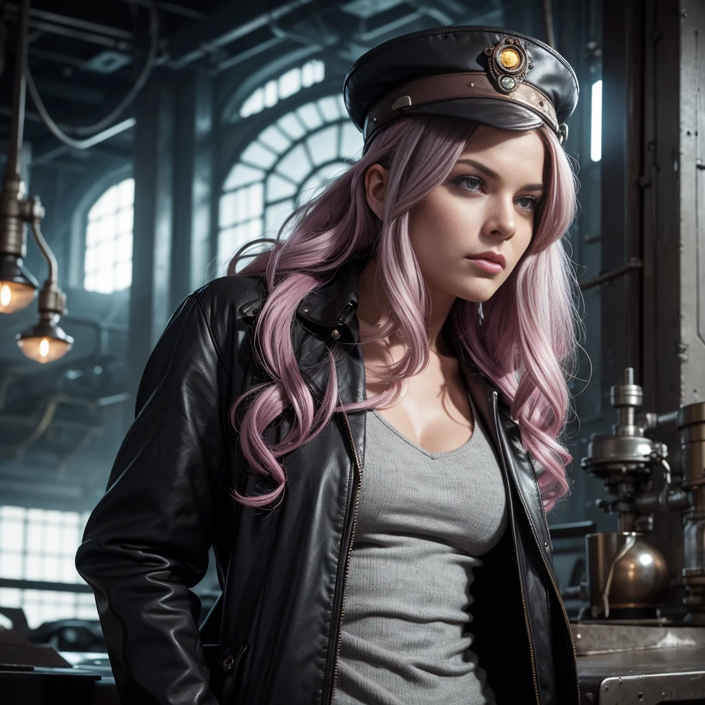 (Prompt words: woman, solo, grey hair, dark pink eyes, scientist)

([Isla Fisher|Zoe Saldana|Kate Mara]:0.85), middle shot, ([impressionist:0.9|art nouveau:0.9]), funky hat headgear,
Steampunk laboratory, [modest breast]
masterpiece, professional, high quality, beautiful, astonishing, dieselpunk, unsplash, reverse lab coat armor, long grey hair, twisted bun,
masterpiece, 4k, detailed background, moody, (industrial:0.9), by Hugo Pratt, by Victor Vasarely.