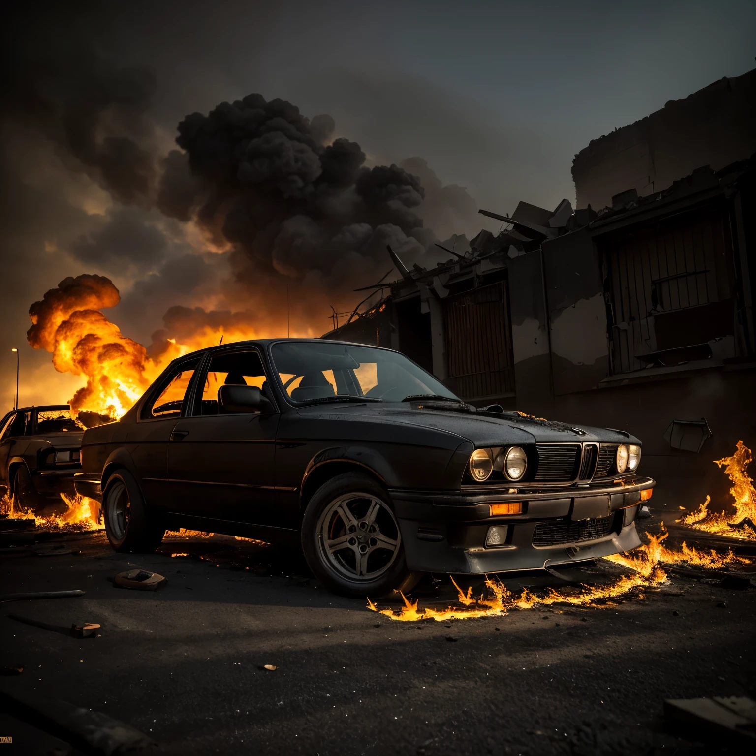 (best quality,4k,8k,highres,masterpiece:1.2),(realistic,photorealistic,photo-realistic:1.37),dark atmosphere,smoke,burning,broken BMW e30,destruction,fiery ruins,dramatic lighting,intense flames,melting metal,scorched paint,damaged engine,cracked windows,blazing inferno,torn upholstery,shattered glass,fiery glow,devastation,ruined car,scorching heat,engulfed in fire,emerging from the ashes,desolate scene,blackened wreckage,ominous ambiance,billowing smoke,vengeful flames,deterioration,grim aftermath,chaos and destruction,intense heat,sinister aura,distorted forms,ashes and smoke,evocative ruins,burnt rubber,consumed by fire,devouring flames,glowing embers,smoldering remains