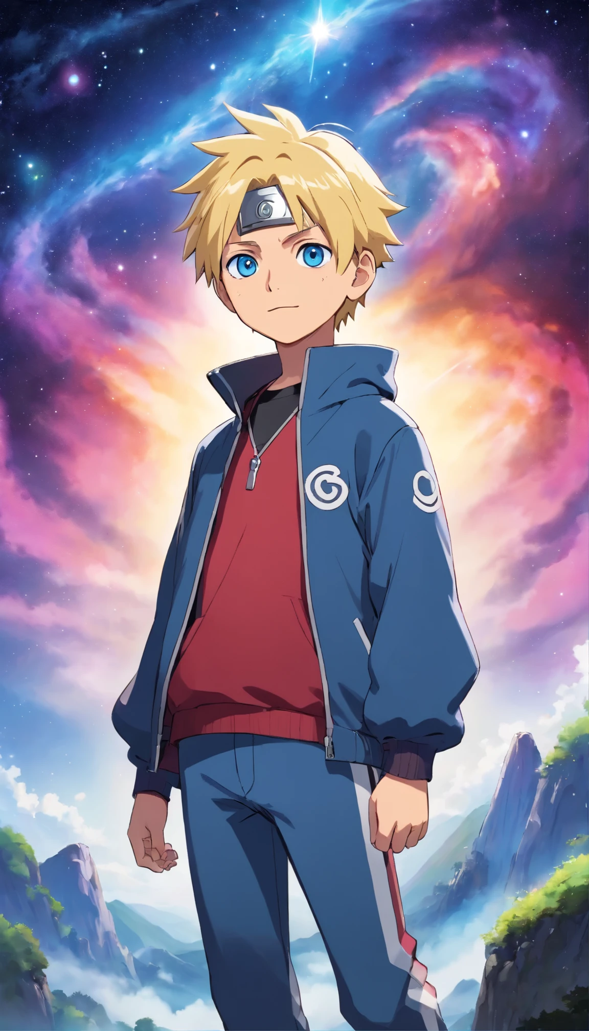 1 Boy,Boruto standing in base of galaxy, looking ,away to stars, detailed blue eyes and lips, one of the eye has a cut mark can't be open,short spikey blonde hair,a headband on forehead symbolises hidden leaf village, wearing a locket of bolt,wearing unzipped red striped black over jacket,a relaxed dark grey pant at the buttom, a pair of simple sneakers,a bright smile on face