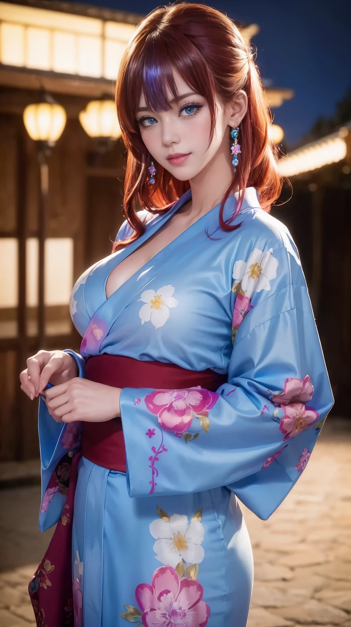 (((highest quality)), (super detailed), 1 girl, (iridescent hair, colorful hair, red hair: 1.2), ************, (sexy yukata: 1.2), outdoor, bangs, smile, sky blue eyes, perfect hands, perfect hands, hand details, corrected fingers. Earrings, Night Store + Background, looking_at_viewer, Top Quality, Rich Detail, Perfect Image Quality, big breasts, slender body, Cowboy Shot, (masterpiece), masterpiece, super detail, high details, highres, 16k