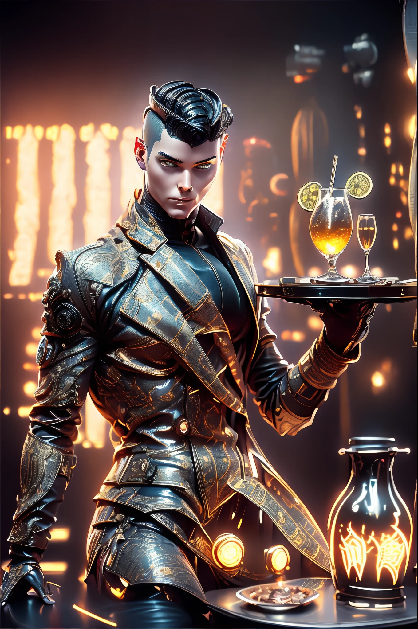 (masterpiece, best quality), a robot butler, detailed mechanical parts, holding up a drinks tray, butler outfit, steampunk, restaurant interior, elaborate details, ambient lighting