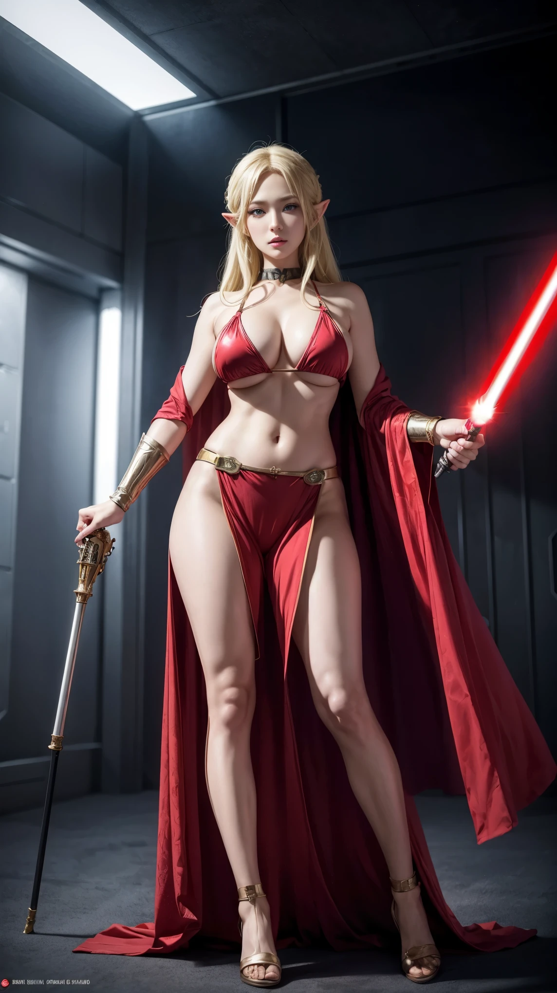 ((best quality)), ((masterpiece)), (detailed), perfect face A full-body shot of Princess Zelda, yellow hair, red eyes, dressed as sexy skimpy bikini modelling, 30 years old, mature, XL bust, gripping a one red light saber in only one hand, wearing a black cloak with red details, fighting, in a battle stance, Background: Inside the death star space station, Unreal Engine 5, Anime, Anime style, Masterpiece, Well drawn eyes, well drawn face, well detailed eyes, well detailed face, 8k, light and shadow effect.