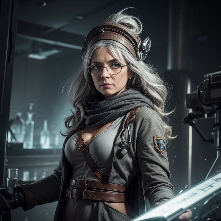 (Prompt rating: 0.85), woman with solo grey hair, middle shot, (verism style:0.9), wearing funky hat headgear,
Masterpiece, scientific, professional, high quality, beautiful, amazed expression,
Dieselpunk theme, unsplash photograph, reverse bikini armor, long and wavy hair,
Detailed background, moody lighting, reminiscent of Hugh Ferriss and Brian Froud's artworkinimalist:0.7], Grey-haired woman, solo pose, introspective look,
(Minimalist art style:0.7), lab coat, spectacles, beaker in hand