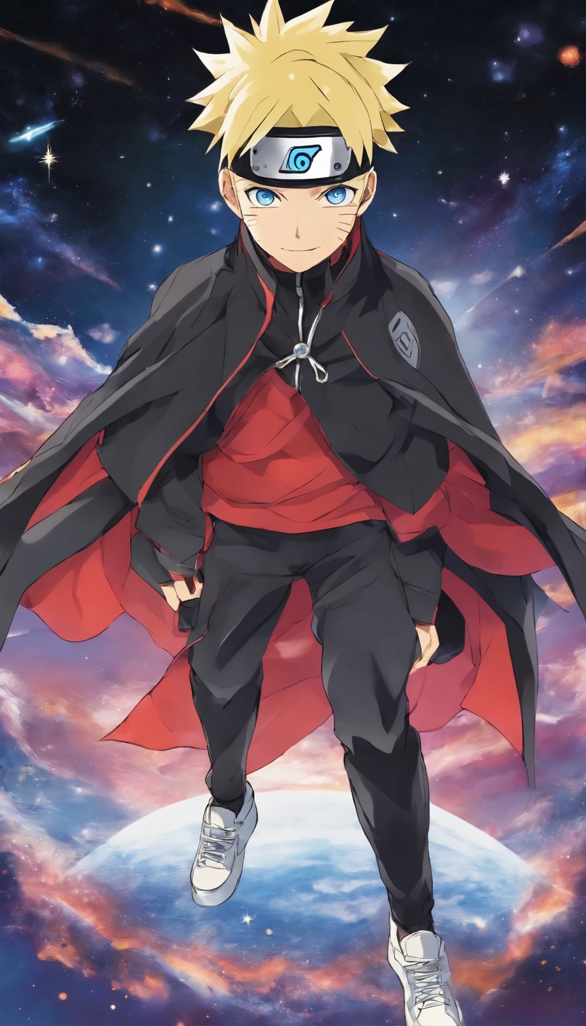 1 Boy,Boruto standing in base of galaxy, looking ,away to stars, detailed blue eyes and lips, one of the eyes has a cut mark can't be open,short spikey blonde hair,a headband on forehead symbolises hidden leaf village, wearing a locket of bolt,wearing unzipped red striped black over jacket,a relaxed dark grey pant at the buttom, a pair of simple sneakers,a bright smile on face