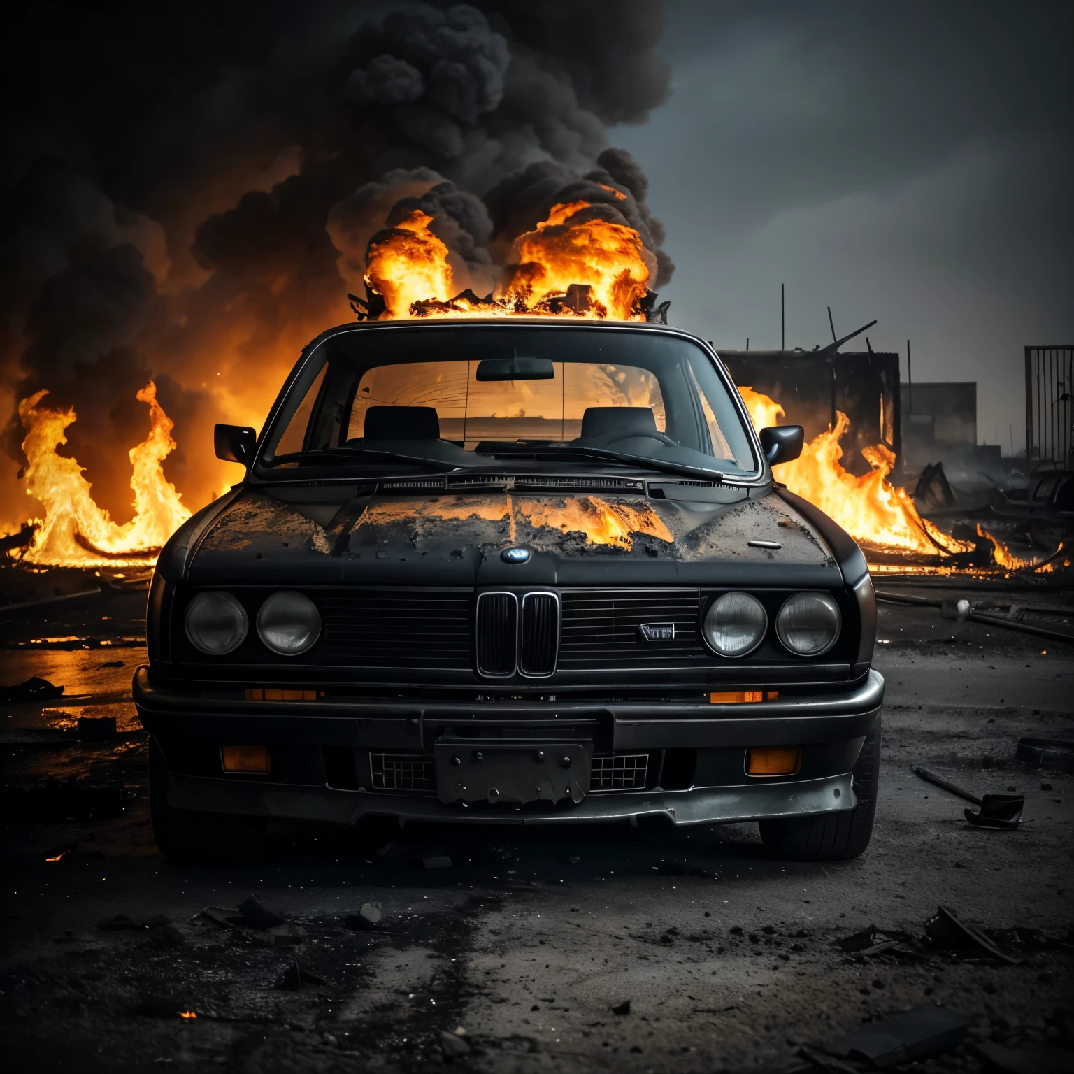 (masterpiece),best quality, (a car exploding at night, car on fire), explosion, ((cinematic, low angle)), bright, smoke,front view, street, night, fire, destruction, contrast, chaos, lights, intricate, explosion focus, fire trail,( full moon),smoke,old car, chevette, speed, velocity, buildings in the background, ((extreme high temperature)), (close up), high angle, dynamic, one car, alone, solo, depth, perfect angle, detailed asphalt, buildings on the side, beautiful sky, poles, (smoke mushroom), smoke on top of the image, orange, dark
 
BEAK is a sad image, the explosion is epic, the image has strong shadows, a car in fire, the explosion is bright, the explosion is the light of the image,the explosion contast with the dark, 
BREAK 
perfect perspective, cinematic lighting, reflection light, backlighting, ray tracing, glowing light, 8k, super detail, ccurate, best quality, UHD, masterpiece, ccurate, high details, high quality, award winning, highres, 4K, zeekars,