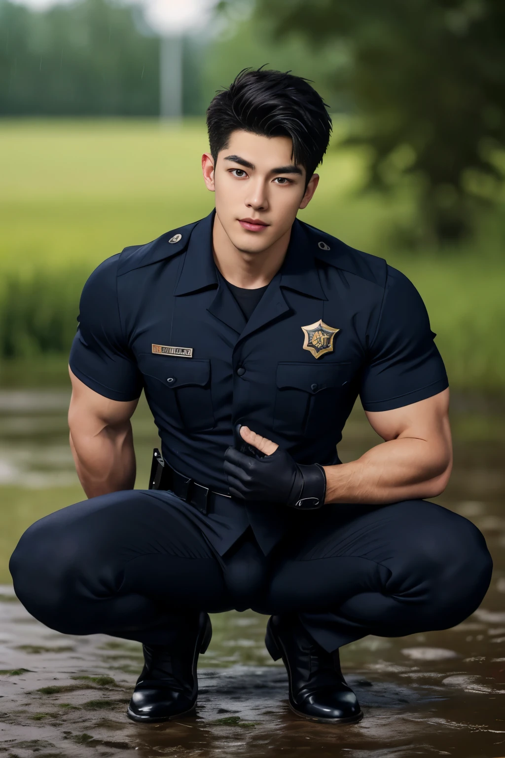 20-year-old boy ,Korean male officer ,Thin mustache...,handsome ,Wear a dark navy short-sleeved shirt............., Dark navy trousers, Black boots and dark navy gloves.,sit on the ground , His legs spread apart.............................., Police Logo ,tight breasts ,Muscle Man , ((The arm muscles are very large.................)) ,large  , Wide shoulders ,open legs ,Hold the bulge firmly with both hands............................................. ,Large long bulge pointing upwards..................................... ,Sexually suggestive, (Dynamic Poses:1.1) , thights , (Embossed Focus:1.2),On your knees......................., ,It's raining ,Mud Pond , Best qualtiy , Wide lens ,deep depth of field ,Bokeh background