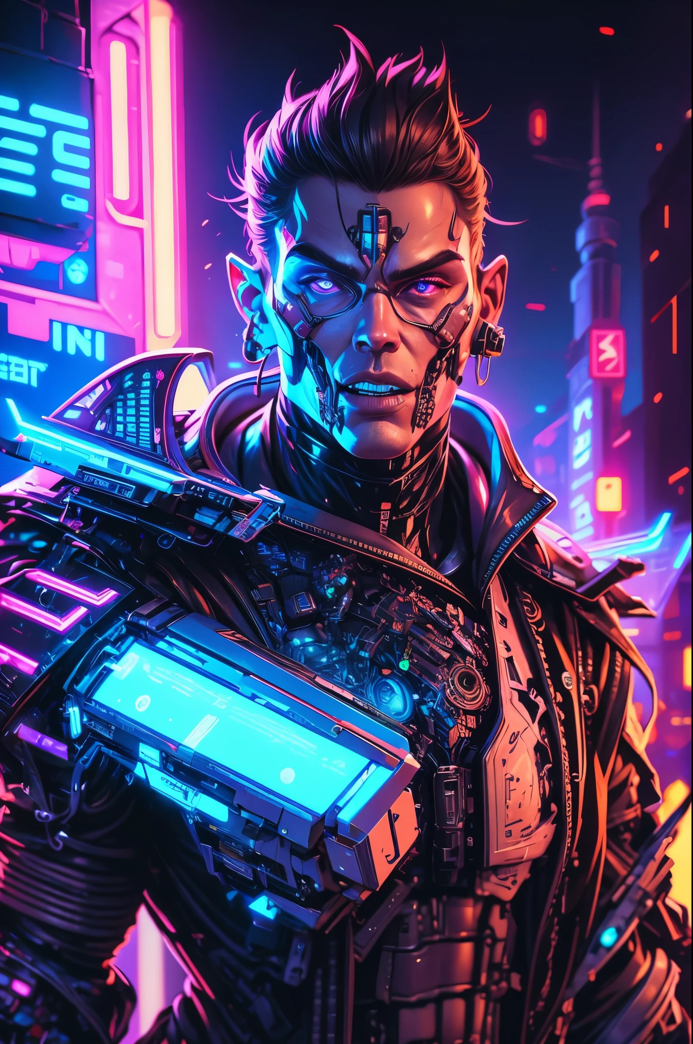 a robot bounty hunter, detailed mechanical parts, holding up, butler outfit, cyberpunk, Setting cyberpunk bar, Neon lighting, high detail, Hyperrealism, cinematic lighting, glowing light, masterpiece, ccurate, anatomically correct, textured skin, super detail, high quality, award winning, super detail, highres, 4K, 8k, 16k