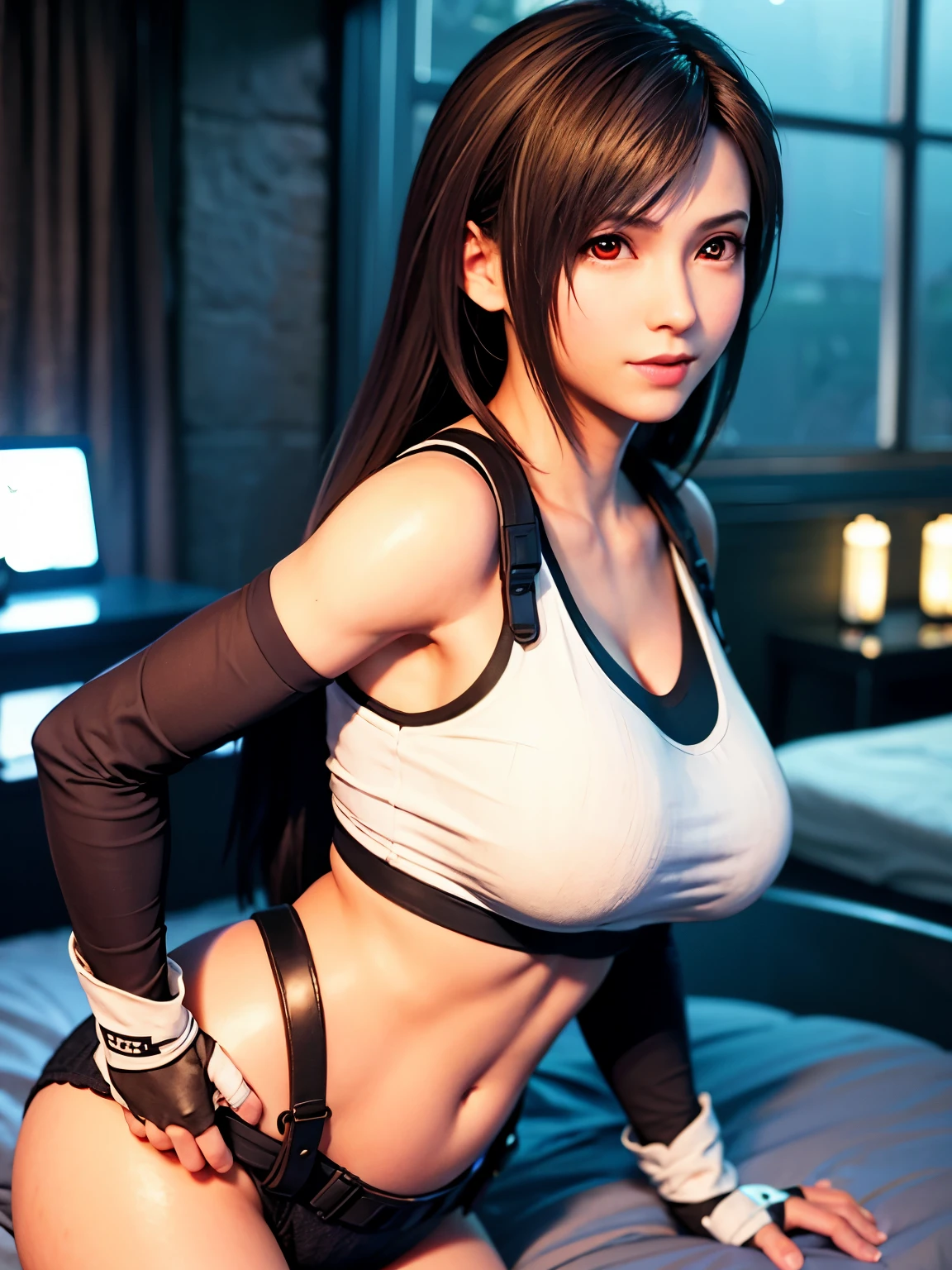 (, blush, 20yo, narrow eyes) (Photorealistic: 1.4), Solo, Top Quality, Very Delicate and Beautiful, High Definition, 1girl, tifa_lockhart, Smile, Cowboy Shot, Suspenders, Low Rise, gray panty, Tank Top, Tense Shirt, Black Hair, Long Hair, Elbow Gloves, Beautiful Detailed Red Eyes, Face Light, Movie Lighting, Navel, ( gigantic breasts: 1.0), on bed, turn back, show her butt, background blurred, fluttering hair, beautiful woman
