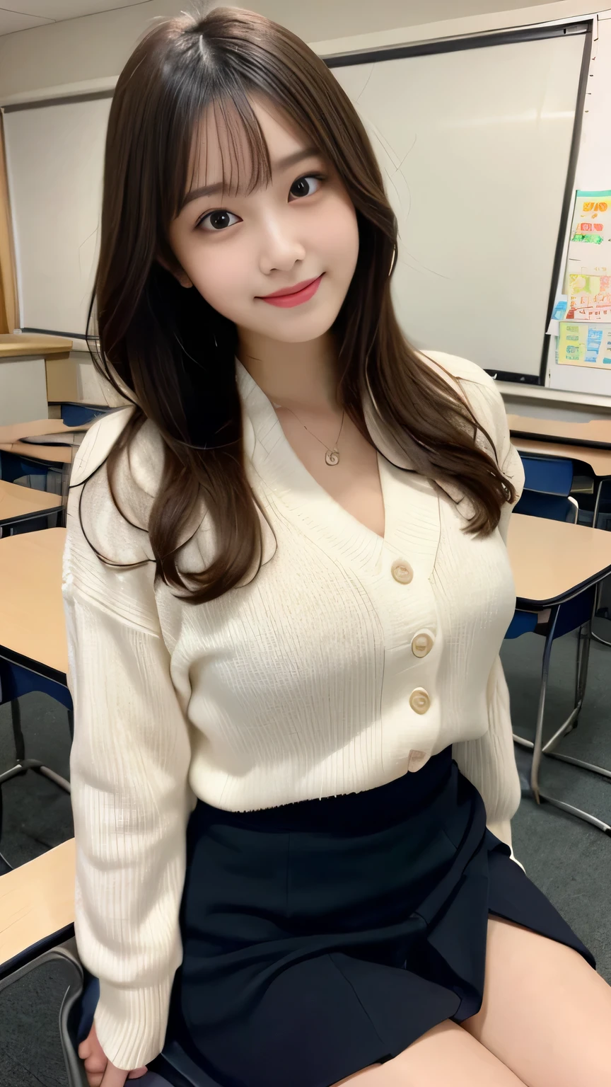 table top, highest quality, shape, Super detailed, finely, High resolution, 8k wallpaper, 完璧なダイナミックな構shape, beautiful and detailed eyes, ,medium hair, big breasts, natural color lip, random sexy pose,smile、20 year old girl、 After school classroom、 high school giller suit、mini skirt、loose socks、