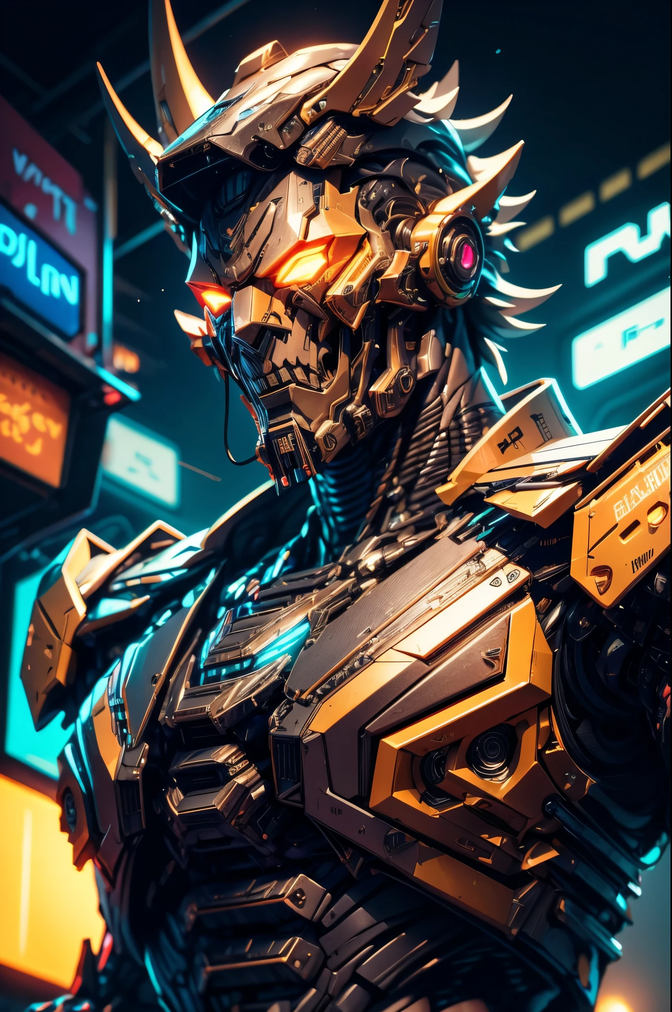 a robot bounty hunter, detailed mechanical parts, holding up, butler outfit, cyberpunk, Setting cyberpunk bar, Neon lighting, high detail, Hyperrealism, cinematic lighting, glowing light, masterpiece, ccurate, anatomically correct, textured skin, super detail, high quality, award winning, super detail, highres, 4K, 8k, 16k
