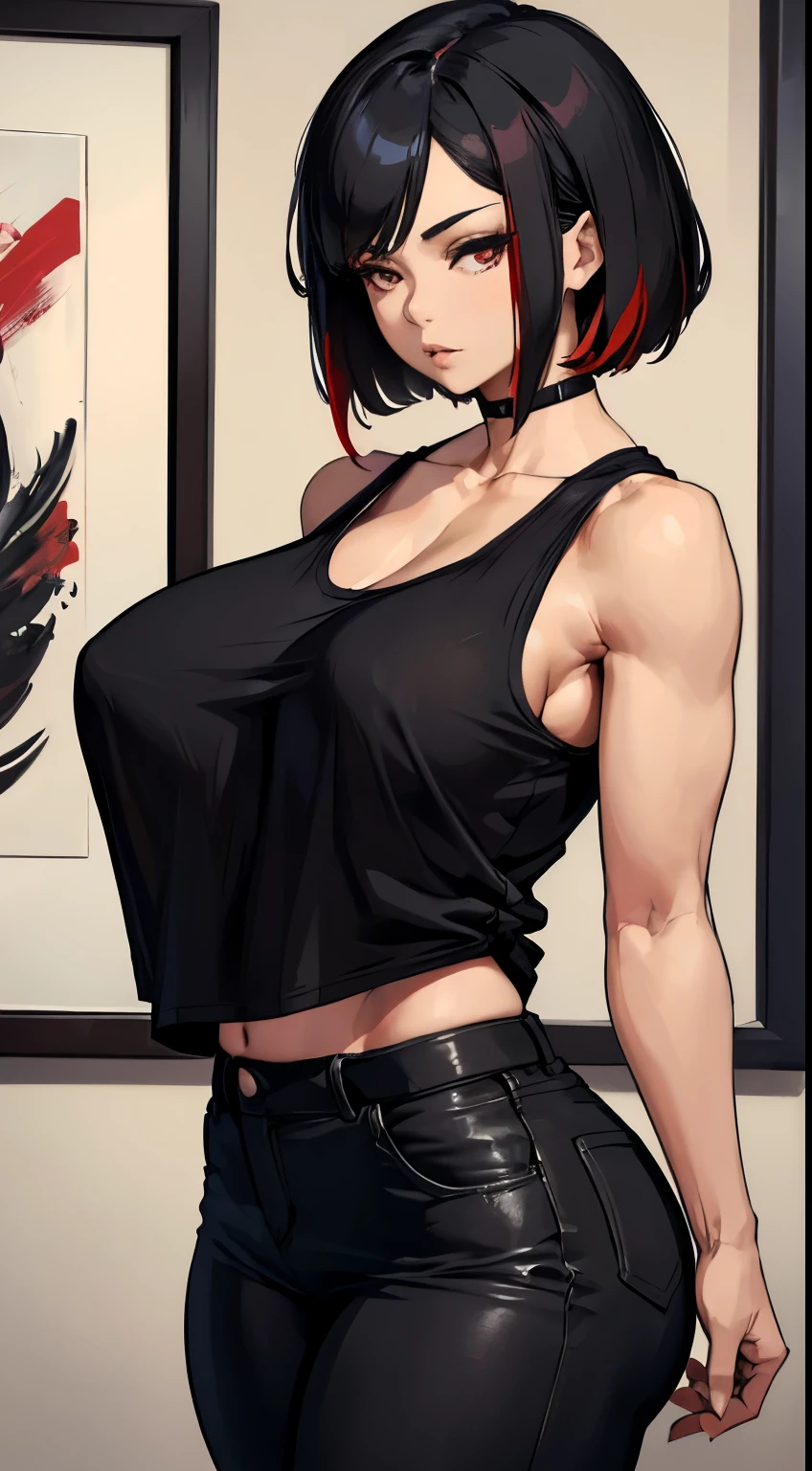 ((best quality)), ((artwork)), (detailed: 1.4), Beautiful woman, Asian, short black sleeveless t-shirt, black pants, short black hair with red highlights, paint, (Alone), Realistic, ((artwork)), (best quality), (detailed), (1 girl), Big Breasts, sexy, Thick, below breasts