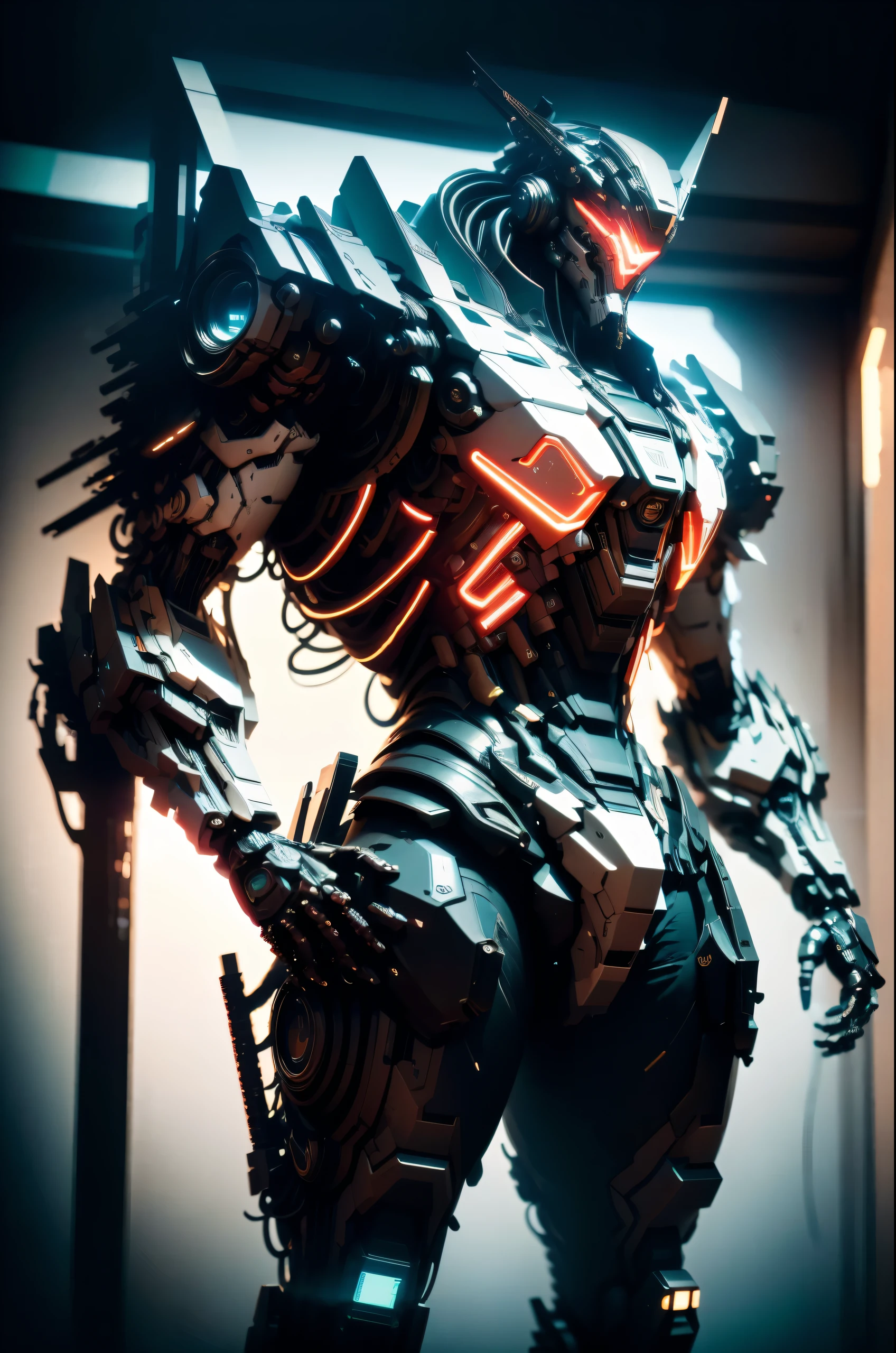a robot bounty hunter, detailed mechanical parts, holding up, butler outfit, cyberpunk, Setting cyberpunk bar, Neon lighting, high detail, Hyperrealism, cinematic lighting, glowing light, masterpiece, ccurate, anatomically correct, textured skin, super detail, high quality, award winning, super detail, highres, 4K, 8k, 16k