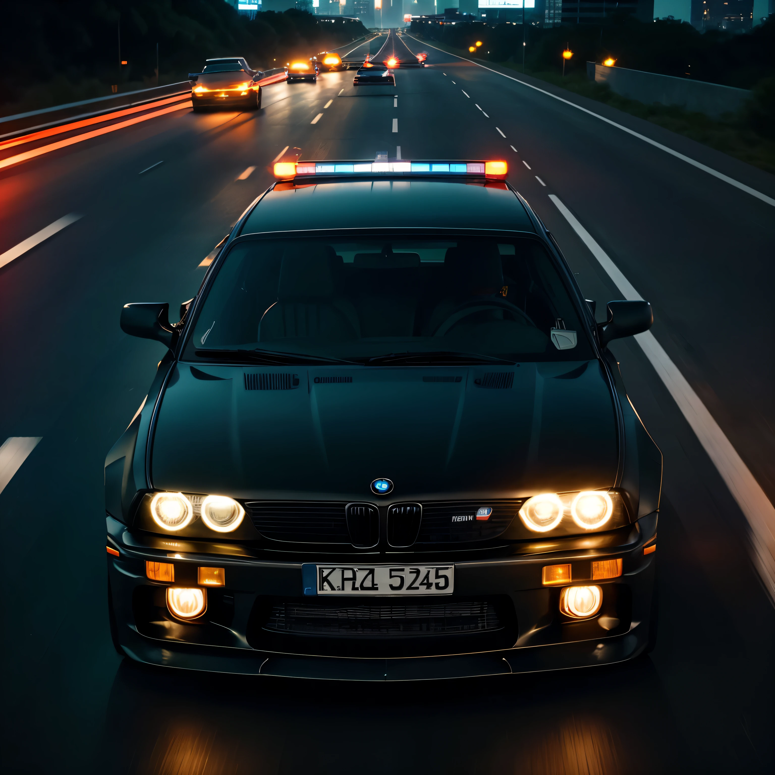 black bmw e30,police car chasing,high-speed pursuit,on the highway,tense atmosphere,night time,headlights casting intense beams,blazing tail lights,fleeing from authorities,dangerous adrenaline rush,fast and furious,high-octane action,intense motion blur,exhilarating escape scene,endless asphalt road,engines roaring,sleek and powerful,high-performance vehicle,evading capture,thrilling getaway,rapid acceleration,assertive and daring driving,swerving through traffic,smooth handling and control,speeding past other vehicles,escaping into the darkness,suspenseful pursuit,making sharp turns,intense car chase cinematic,dramatic angles and shots,overhead helicopter spotlight,fiery red brake lights,nighttime cityscape in the background,heart-pounding soundtrack,futuristic city skyline,dynamic and energetic,urban adrenaline,dramatic lighting,urban chaos,high-stakes getaway,breathtaking speed,dodging obstacles on