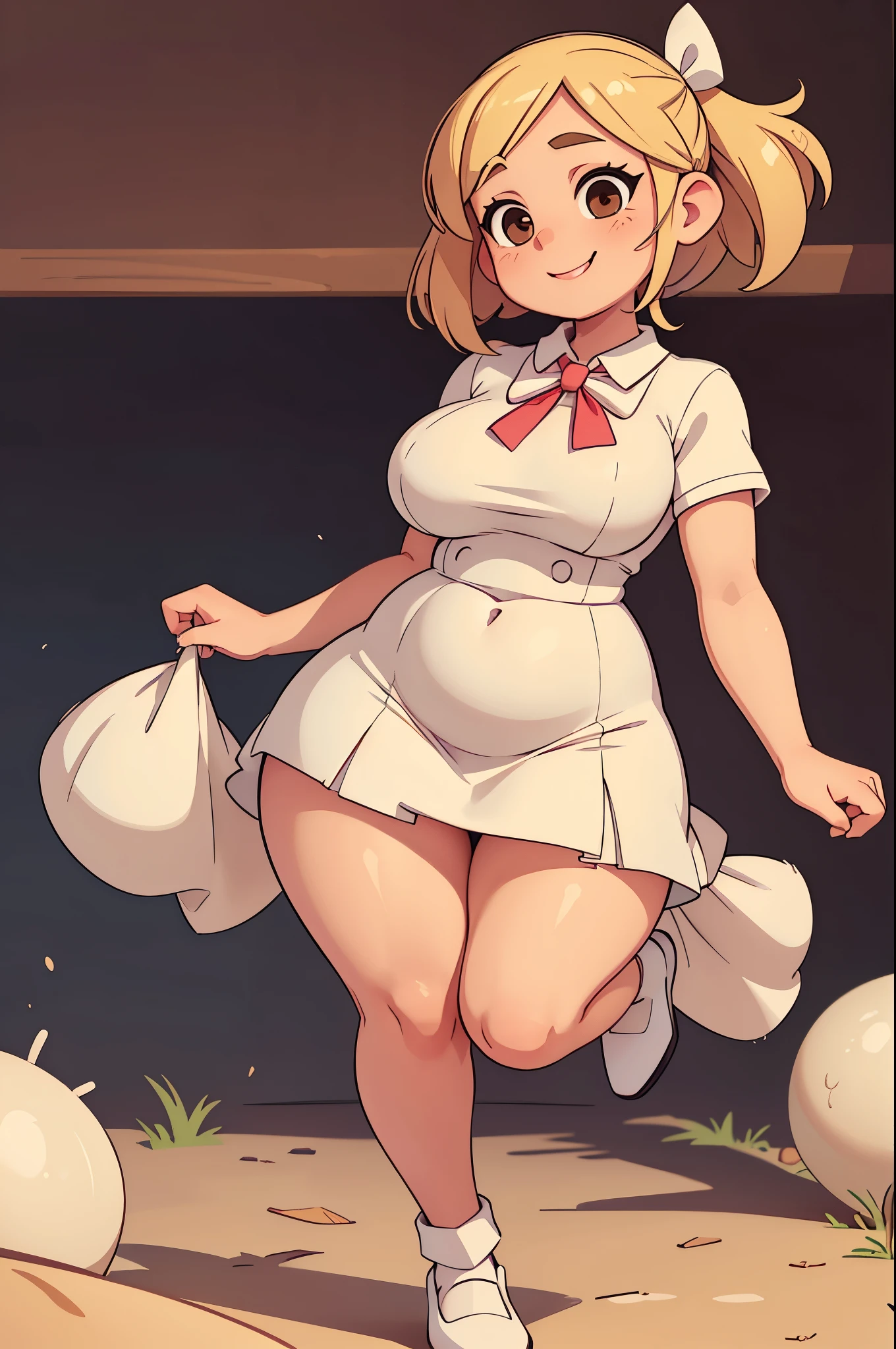 Drawing of a pudgy teen of late adscence with rosy cheeks, brown eyes, creamy blonde hair. She is in a white dress with a prominent bow on her waist; she is wearing black dress shoes. She has muscular, toned, realistic feet and legs. Her legs are thick, fat, chubby, meaty, voluptuous, curvaceous, long, Rubenesque and plump. Her fat legs have varicose veins. She is posing with both hands making victory sign and with one leg up. She is smiling flirtatiously.