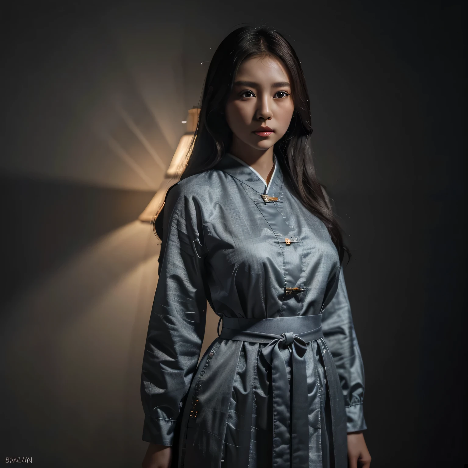 (8k, RAW photo, best quality, masterpiece:1.2), (realistic, photo-realistic:1.37),1girl, night, professional lighting, photon mapping, radiosity, Korean Doll, long traditional dress, grey background
