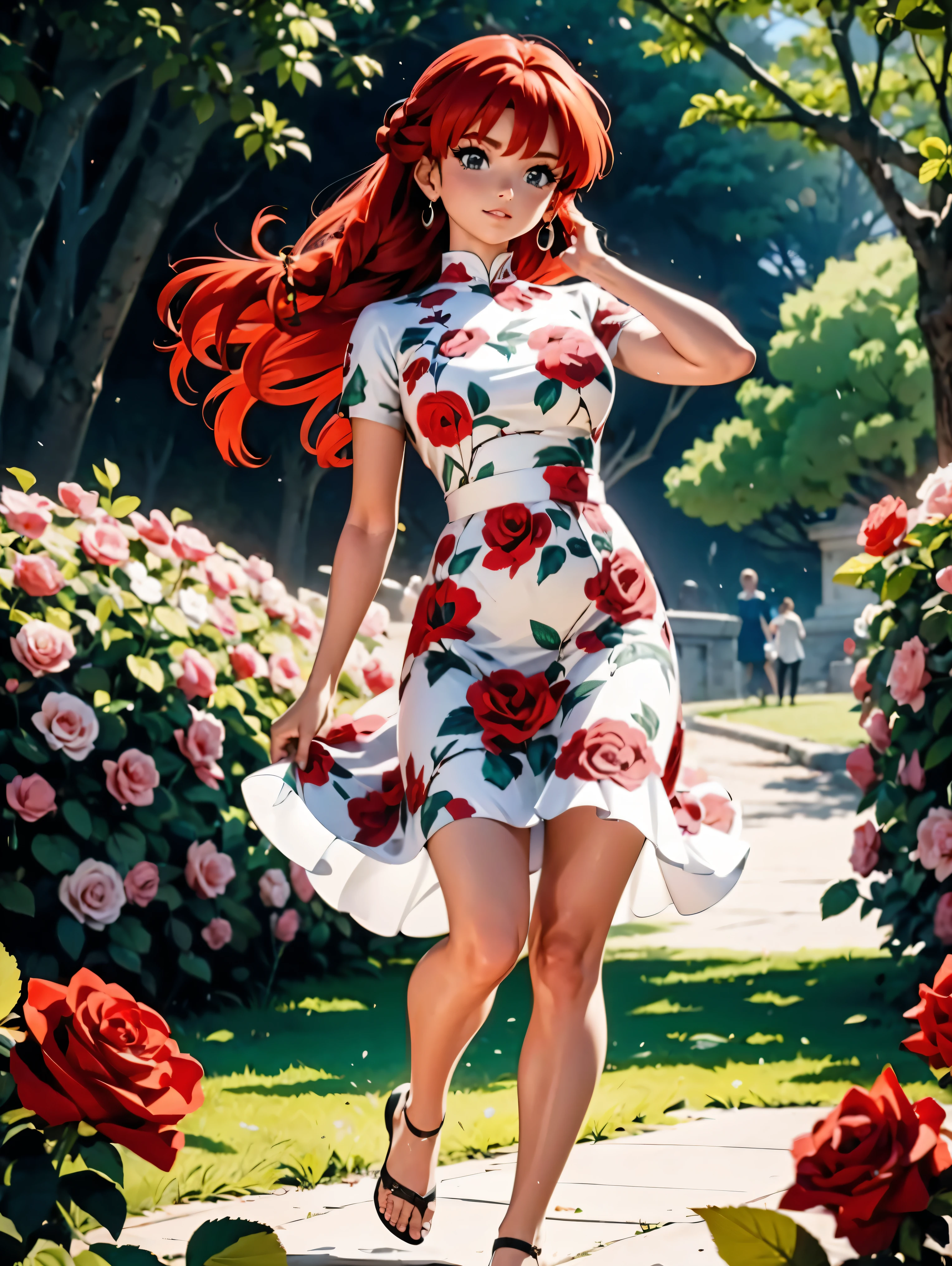 Garota anime ruiva com vestido longo branco com desenho de rosas casamento, saia, 16 anos, corpo bonito, seios grandes, with hands behind head, running your hands through your hair, Garota sexy, red hair with braid , beautiful lighting, sombras suaves, olhos azuis, pernas bonitas, hair with braid, estilo anime, Ranma Chan, Autora Rumiko Takahashi, Baseado em obra de Rumiko Takahashi, Anime Ranma 1/ 2, decote sexy, quadril robusto, corpo inteiro, corpo inteiro, busto grande, garota jovem com corpo belo e bonito, sandals on his feet, garota 16 anos jovem baixa estatura, usando vestido longo branco com desenhos de rosas, estampa florida, vestido com arte florida de rosas, garota anime, estilo anime, beautiful feet in sandals, 45° viewing angle, ao ar livre, vestido com estampa florida rosas, vestido estampado flor rosa