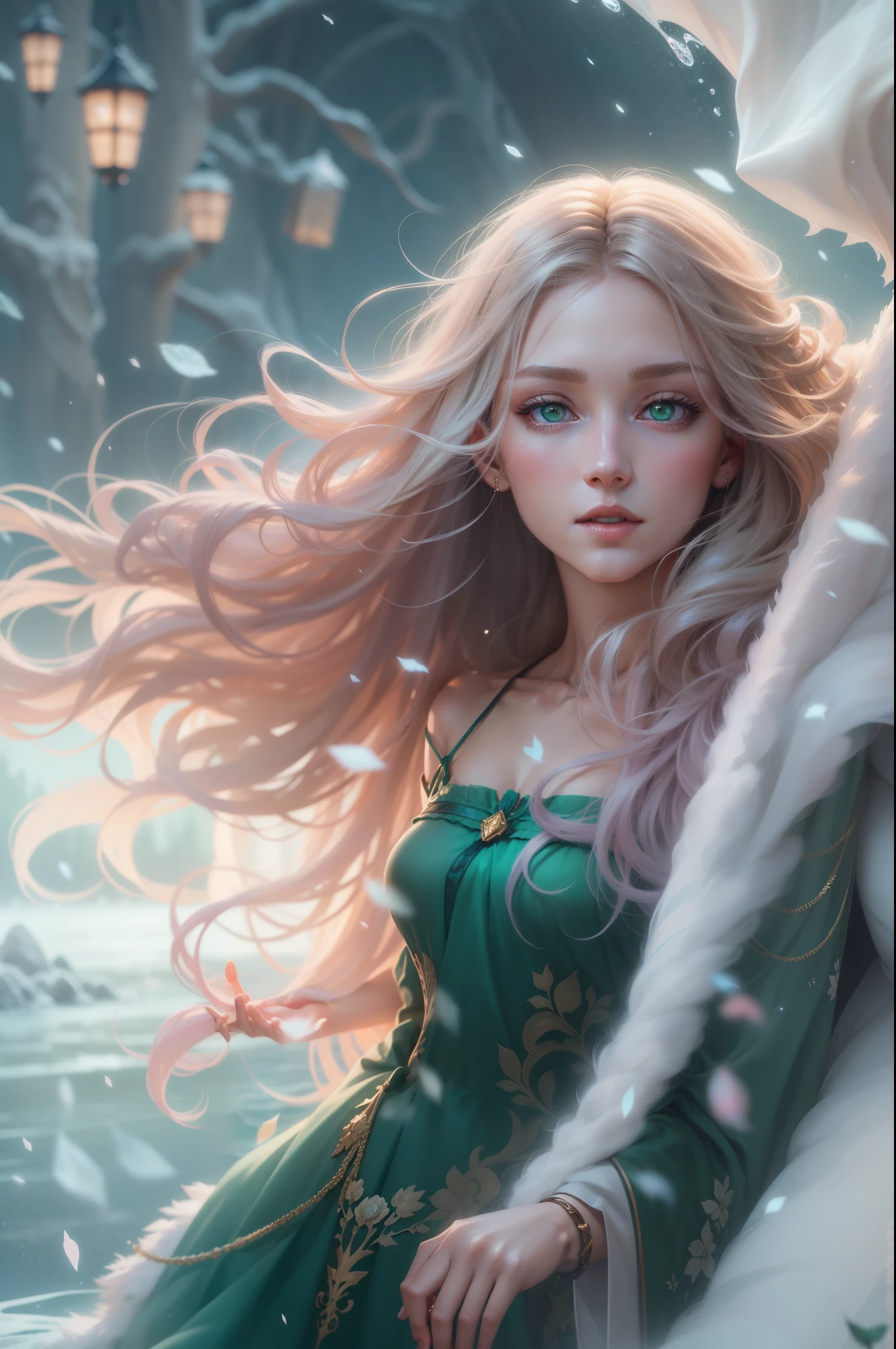 Set in a winter night with the mysterious Ice Queen、Beautiful woman in long red dress with green eyes and golden hair and golden details on background, clear facial features, detailed eye, Perfect face and Perfect Body, cinematic, Complex, 35mm lens, f/1.8 Enhancement Lighting, Ultra-realistic global lighting, so beautiful., underwater scene, ethereal, dream-like, pastel colour, flowing hair, digital painting, art station, conceptual art, soft, Sharp focus, art germ, 逸脱したアートとart stationのトレンド